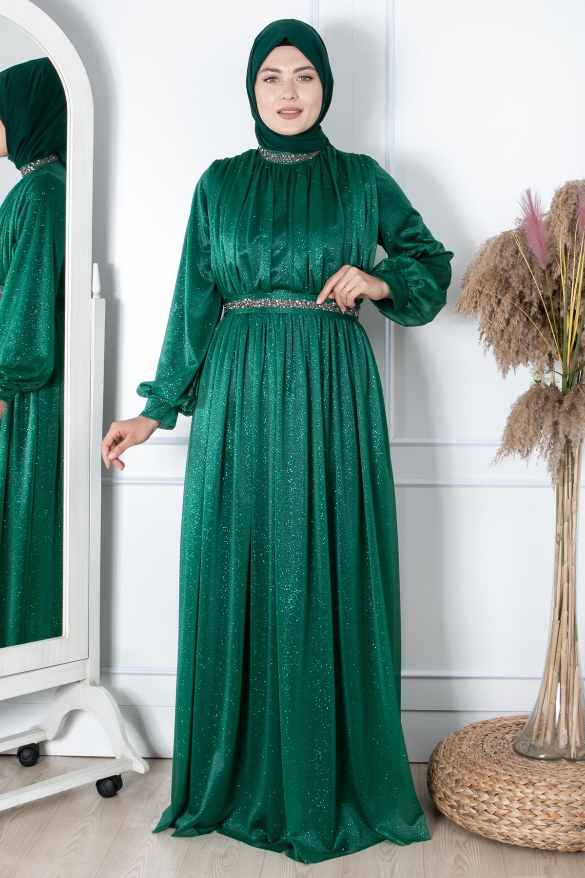 TAŞ İŞLEMELİ SİMLİ TÜL ABİYEFHM858-ZÜMRÜTFahima