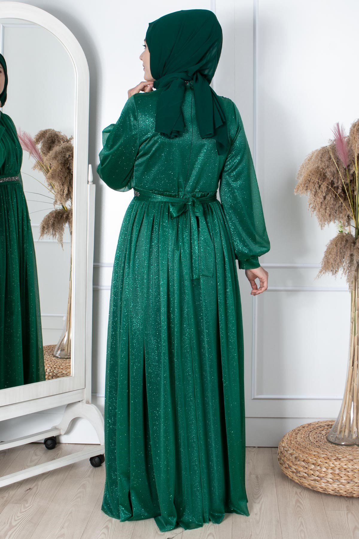 TAŞ İŞLEMELİ SİMLİ TÜL ABİYEFHM858-ZÜMRÜTFahima