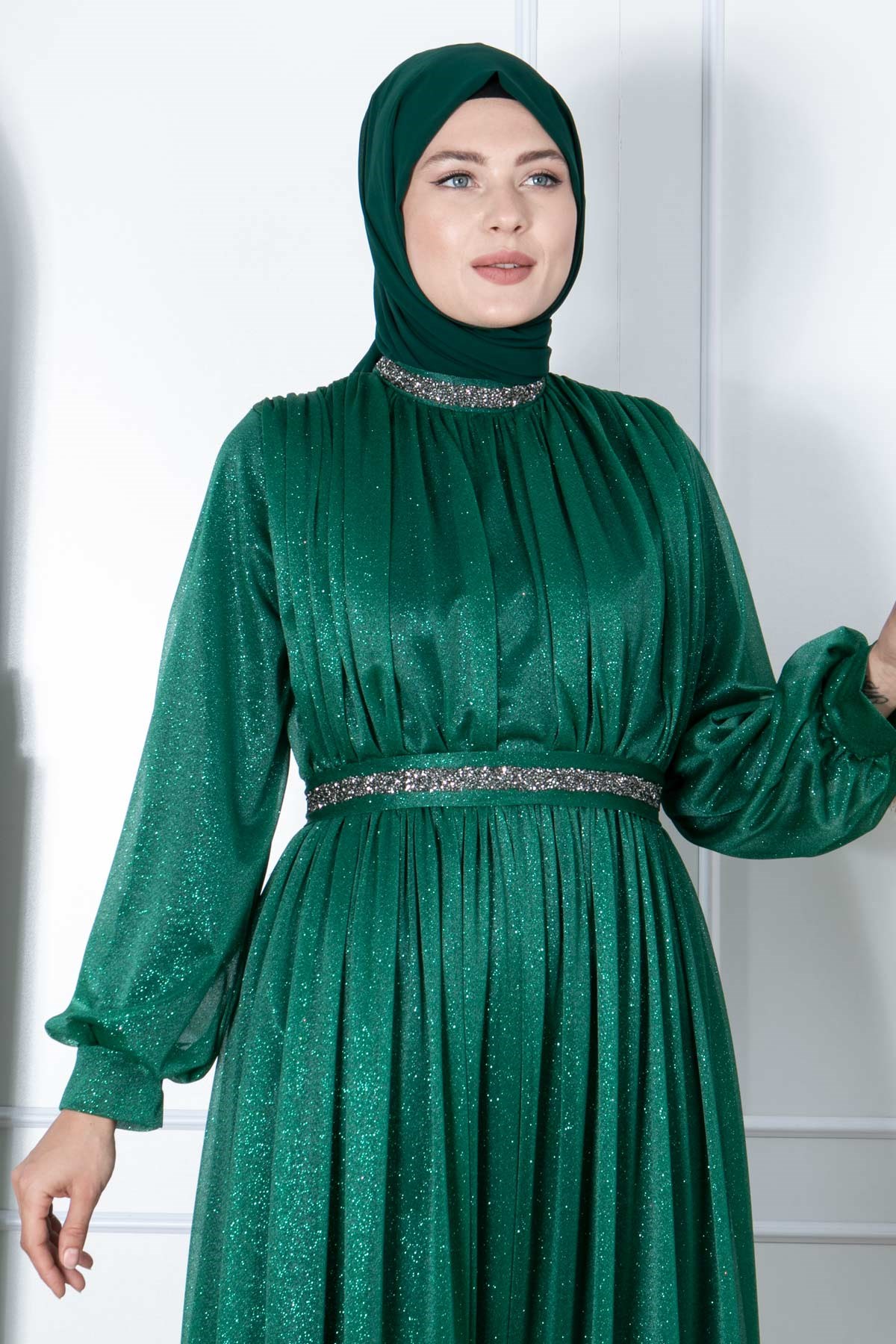 TAŞ İŞLEMELİ SİMLİ TÜL ABİYEFHM858-ZÜMRÜTFahima