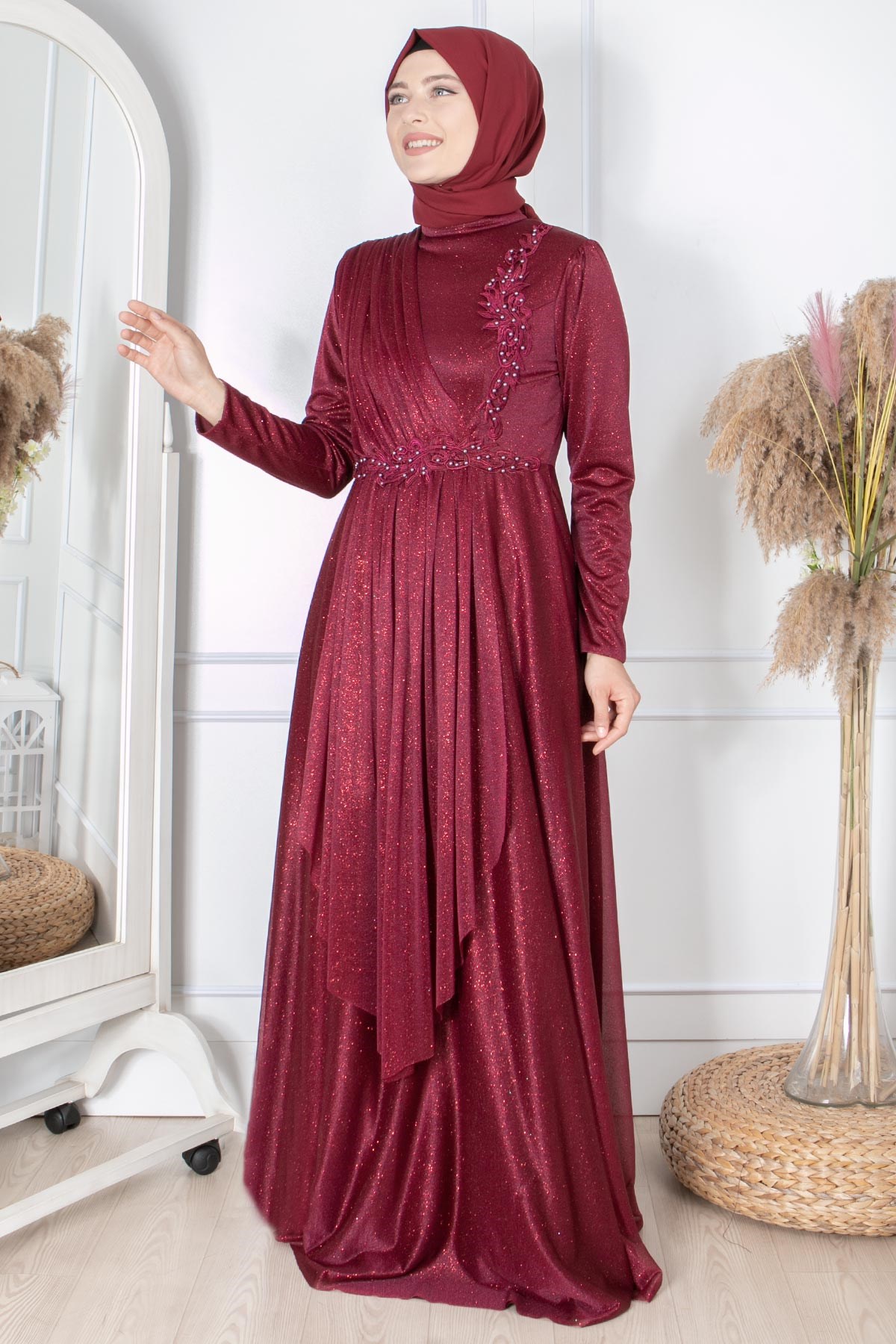 Güpür Detaylı Simli Abiye Mürdüm FHM862FHM862-MÜRDÜMFahima