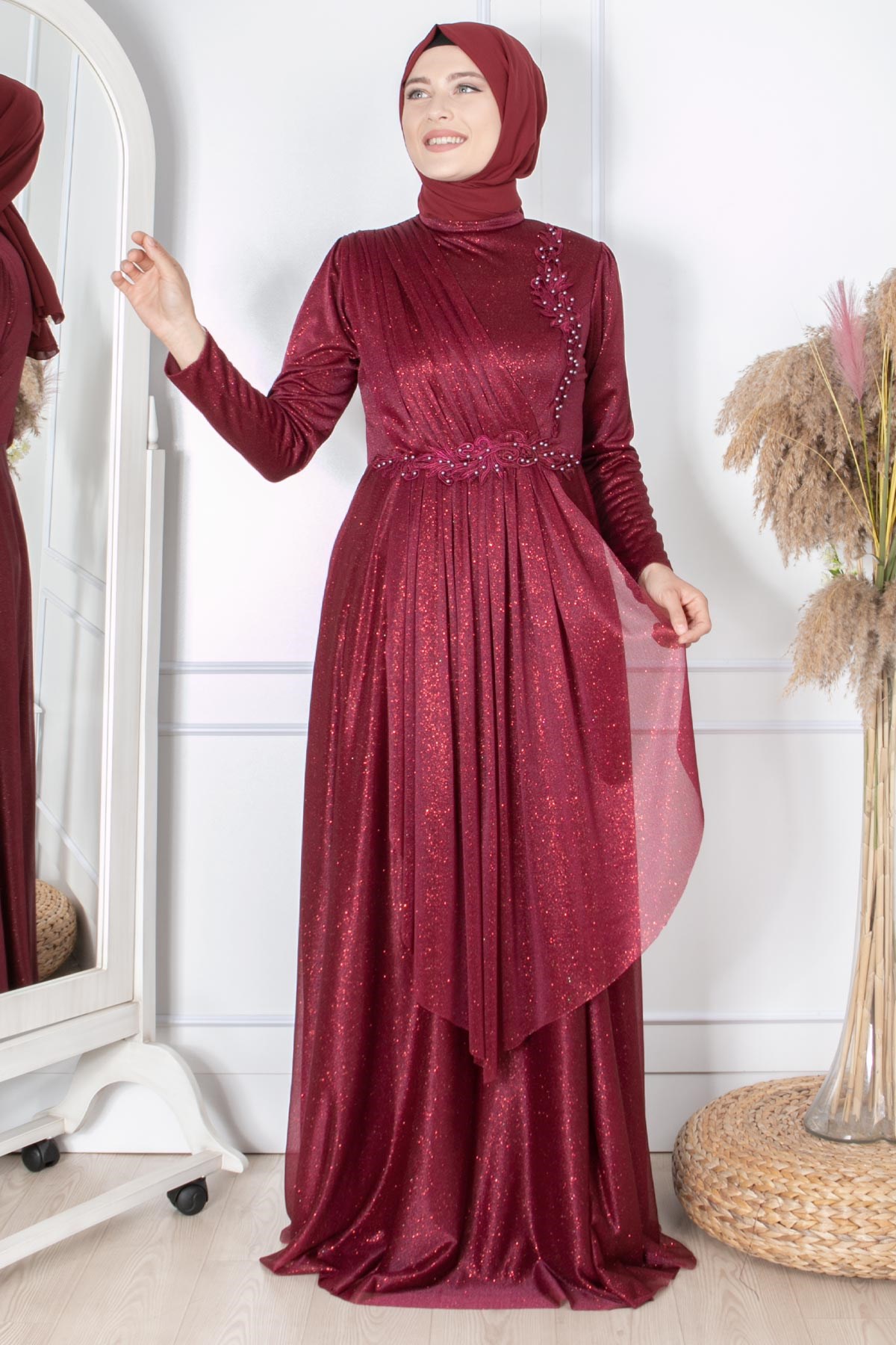 Güpür Detaylı Simli Abiye Mürdüm FHM862FHM862-MÜRDÜMFahima