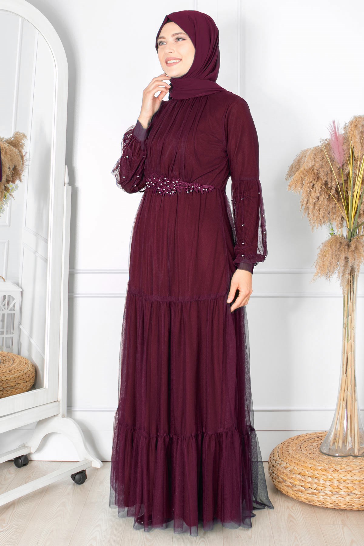 FIRFIR GÜPÜR İŞLEMELİ TÜL ABİYEFHM864-MÜRDÜMFahima