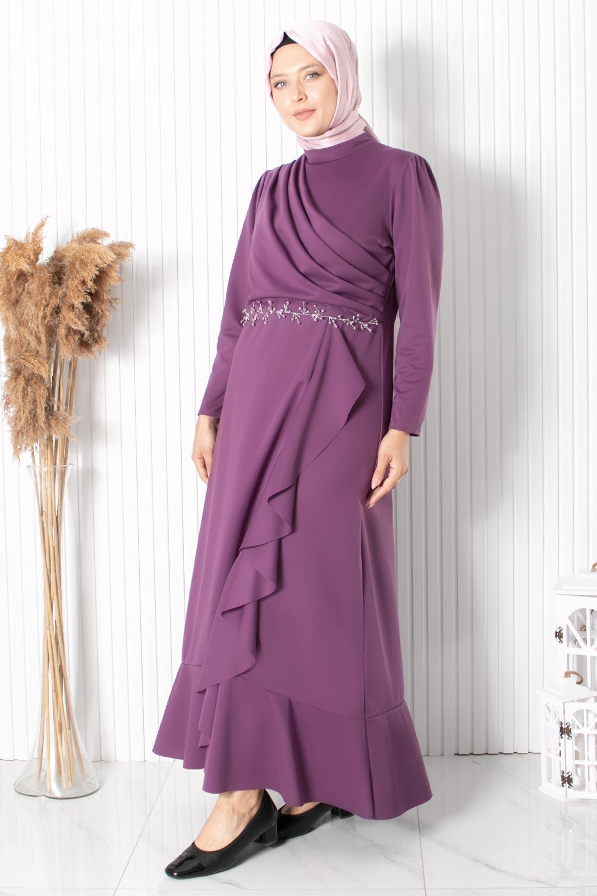 Frilly Stone Embroidered Detailed Dress Lila FHM874 FHM874-LİLAFahima