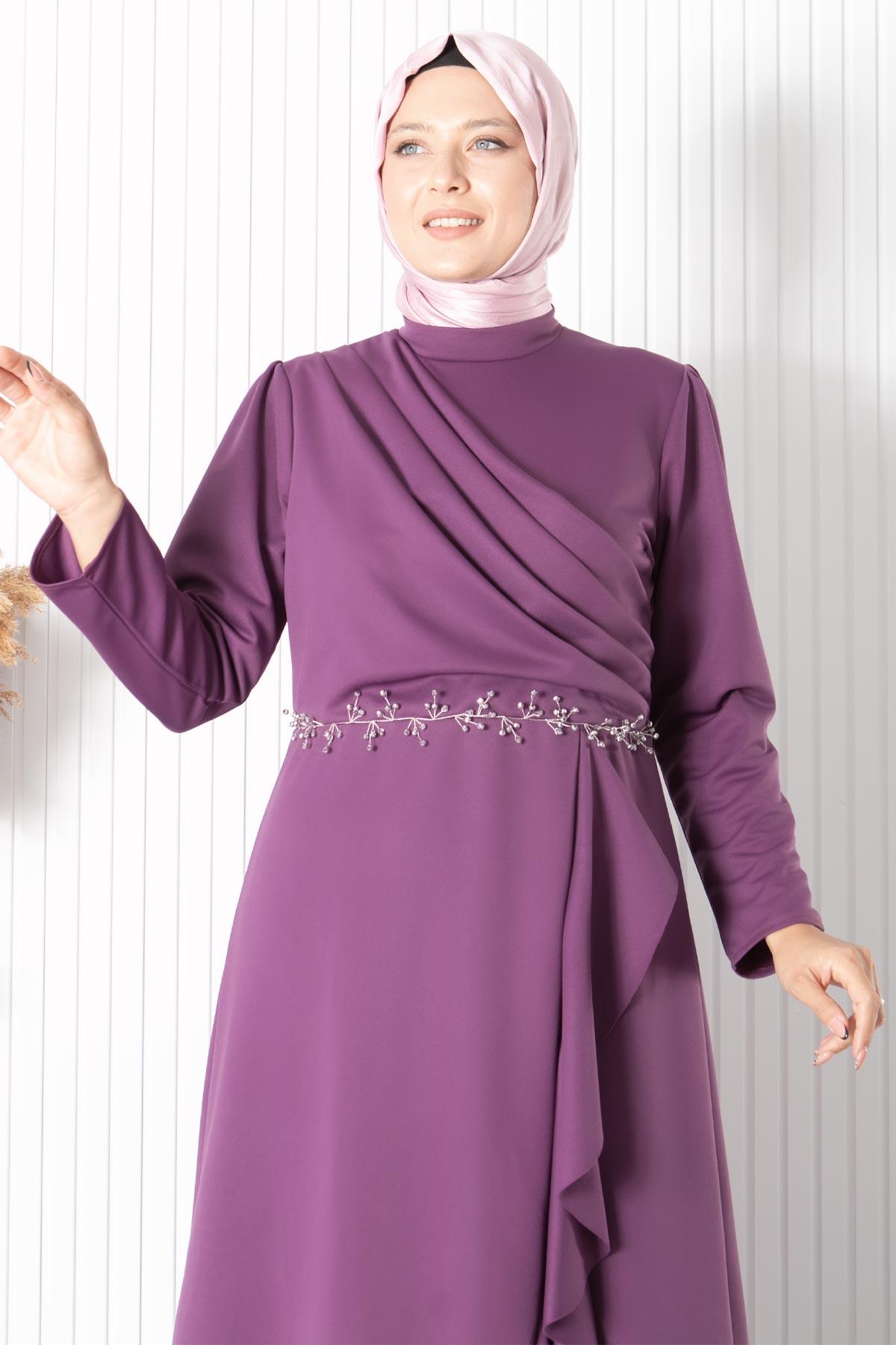 Frilly Stone Embroidered Detailed Dress Lila FHM874 FHM874-LİLAFahima