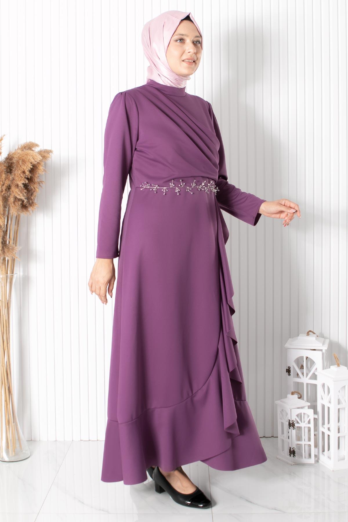 Frilly Stone Embroidered Detailed Dress Lila FHM874 FHM874-LİLAFahima