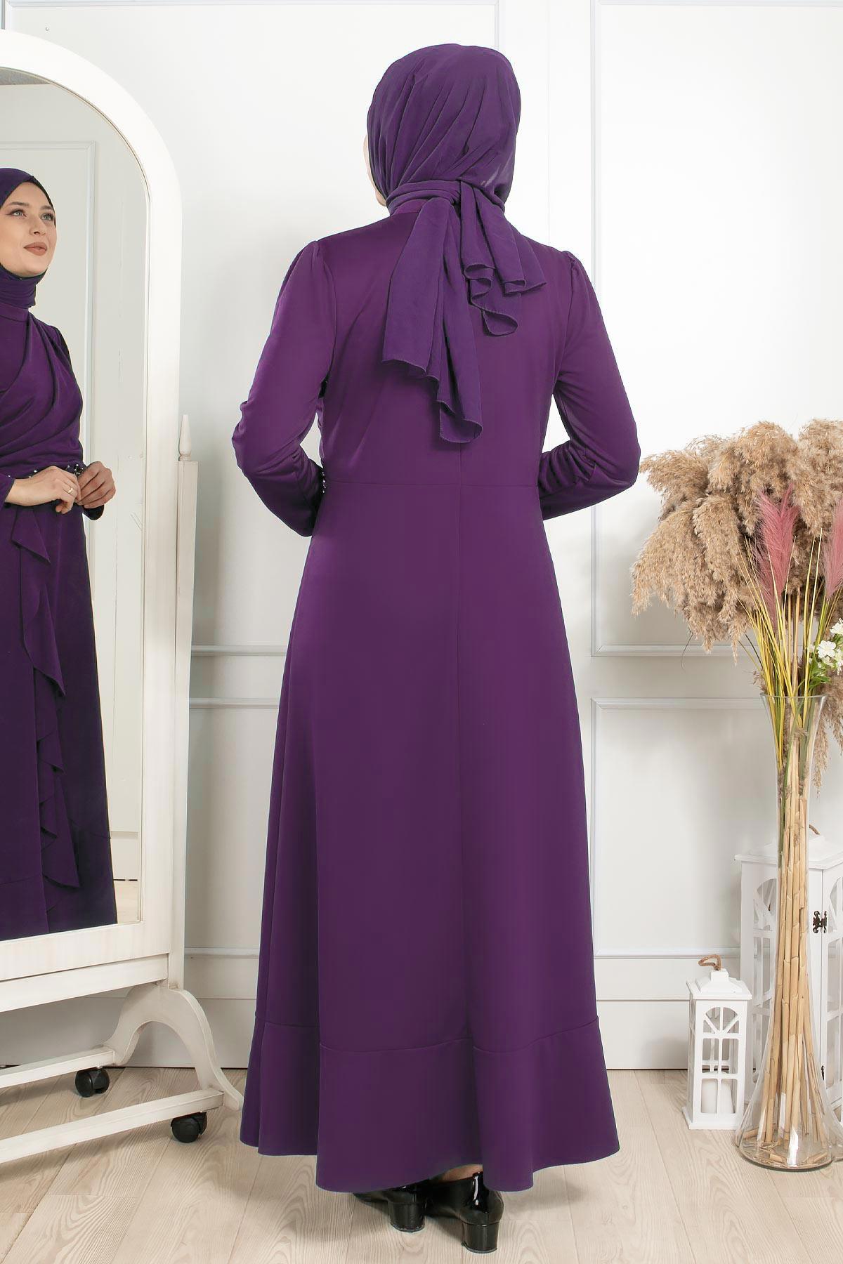Frilly Stone Embroidered Detailed Dress Purple FHM874 FHM874-MORFahima