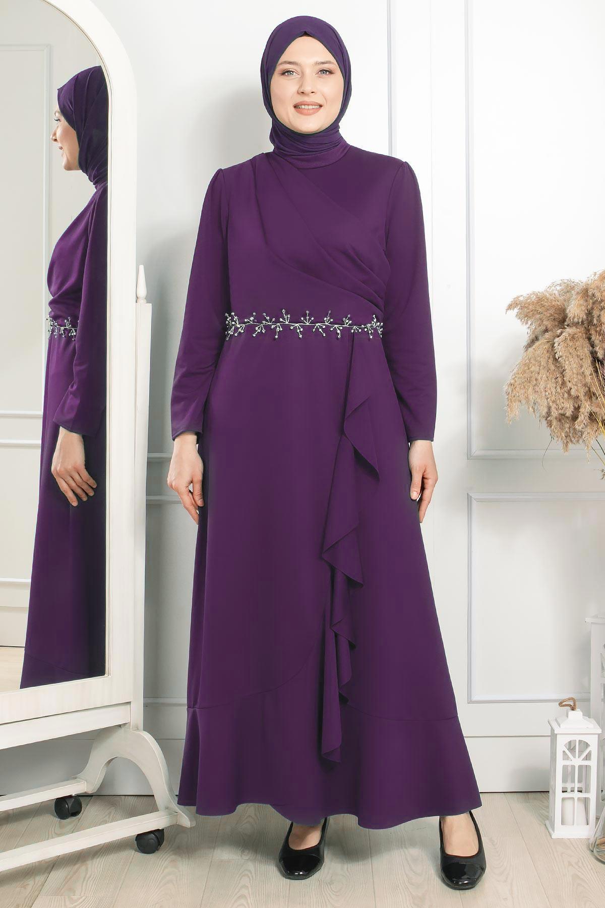 Frilly Stone Embroidered Detailed Dress Purple FHM874 FHM874-MORFahima