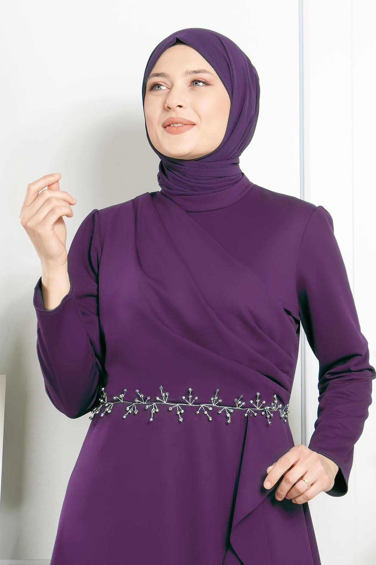 Frilly Stone Embroidered Detailed Dress Purple FHM874 FHM874-MORFahima