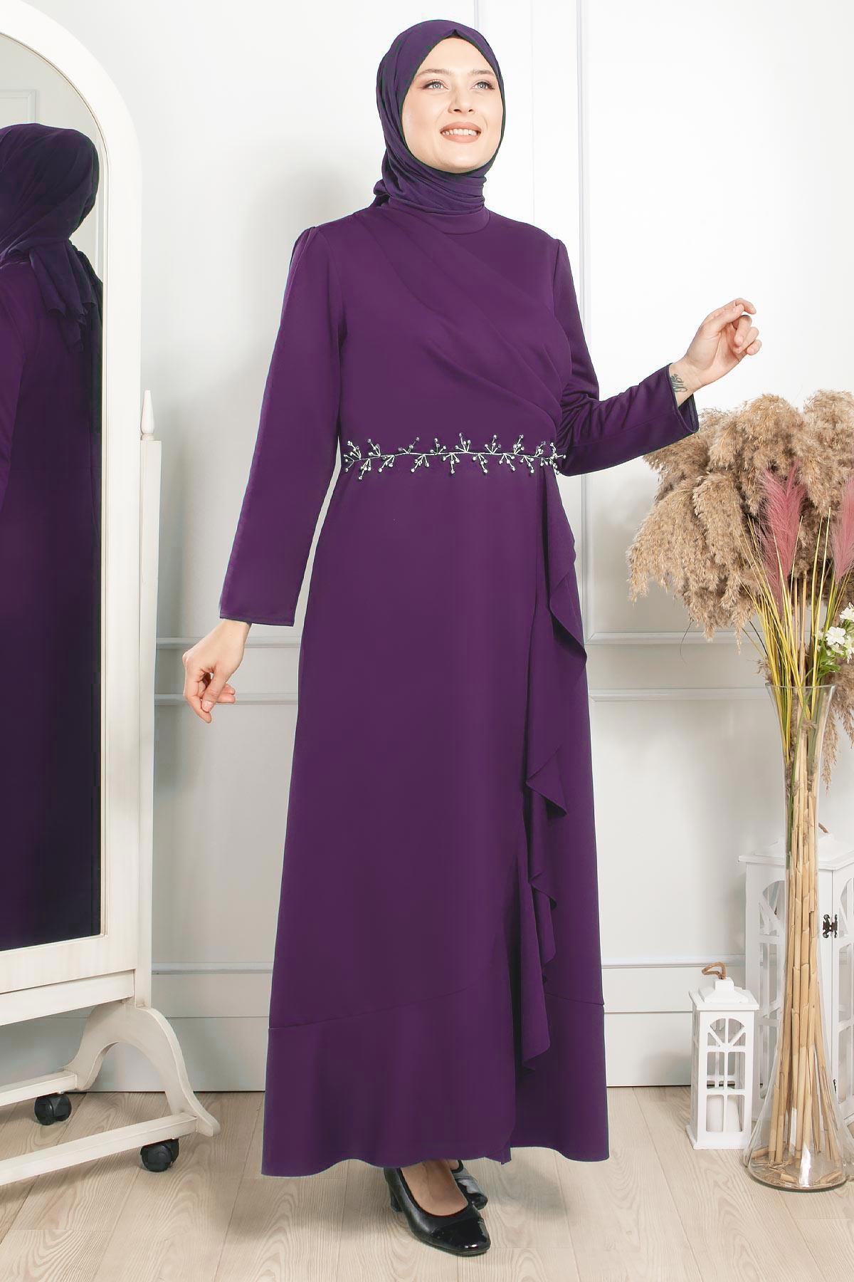 Frilly Stone Embroidered Detailed Dress Purple FHM874 FHM874-MORFahima