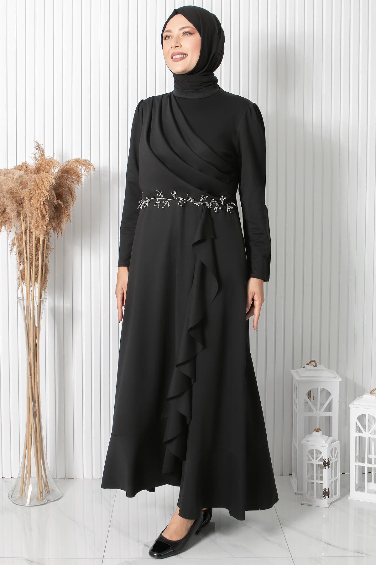 Fırfırlı Taş İşleme Detaylı Elbise Siyah FHM874FHM874-SİYAHFahima