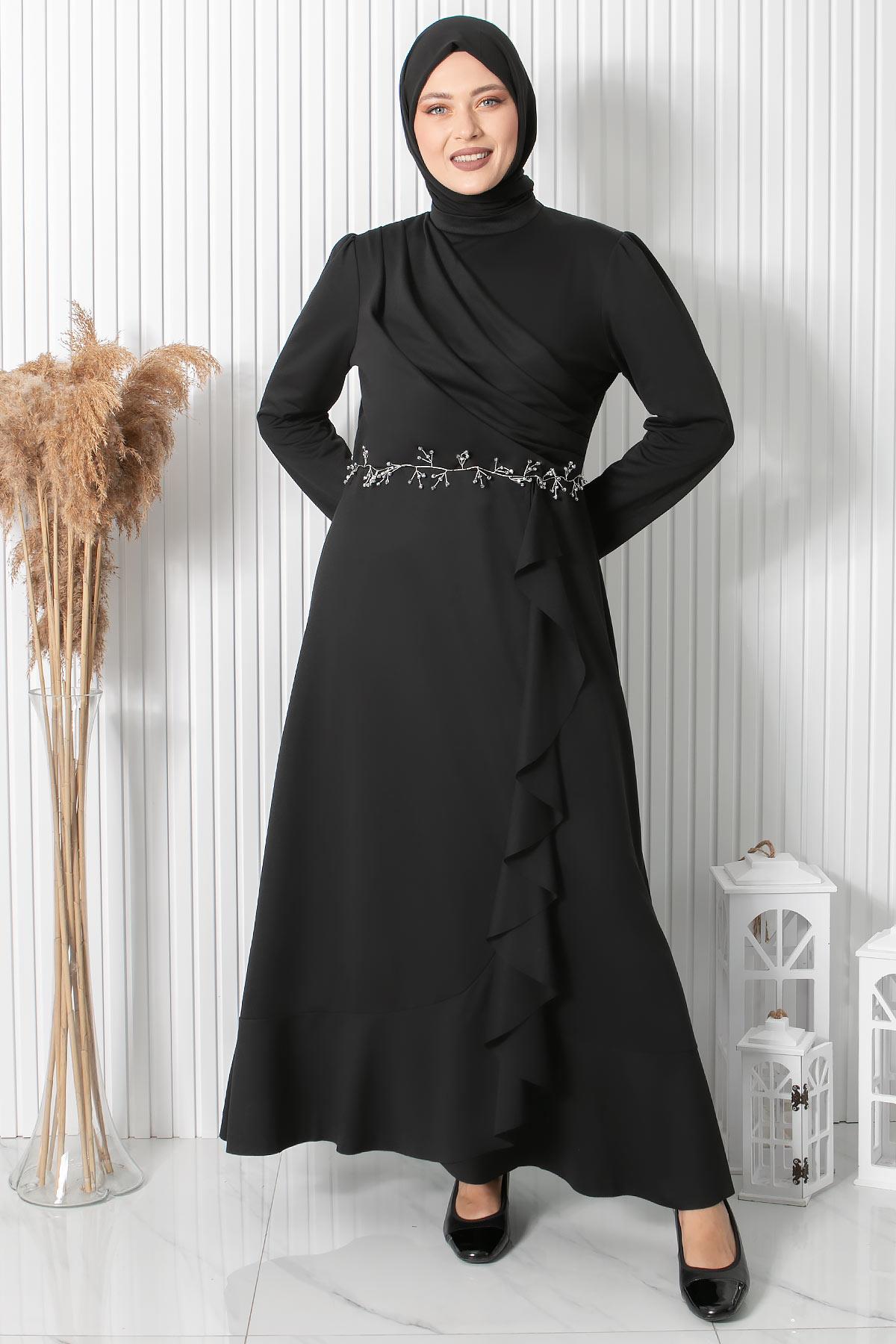Fırfırlı Taş İşleme Detaylı Elbise Siyah FHM874FHM874-SİYAHFahima