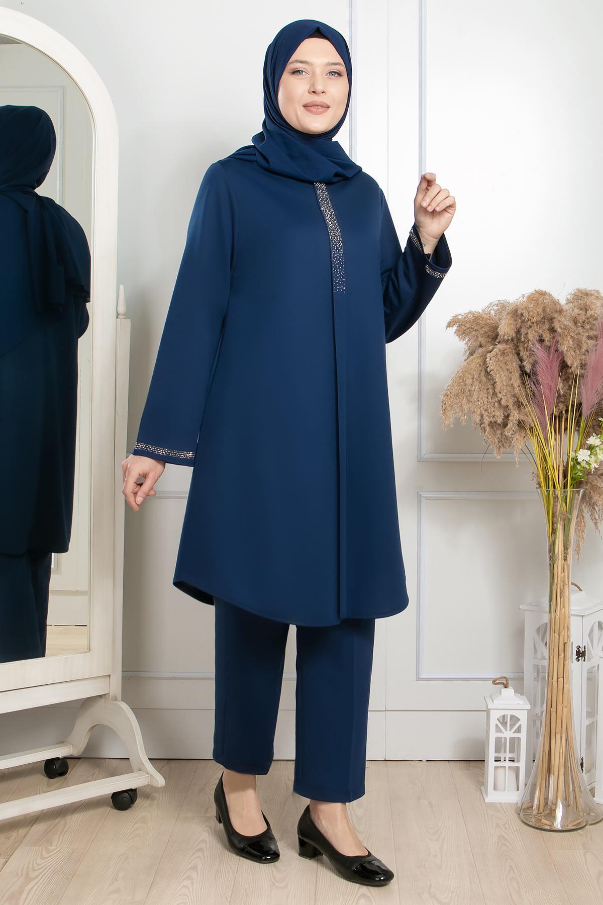 TAŞ BASKI DETAYLI İKİLİ TAKIMFHM876-LACİVERTFahima