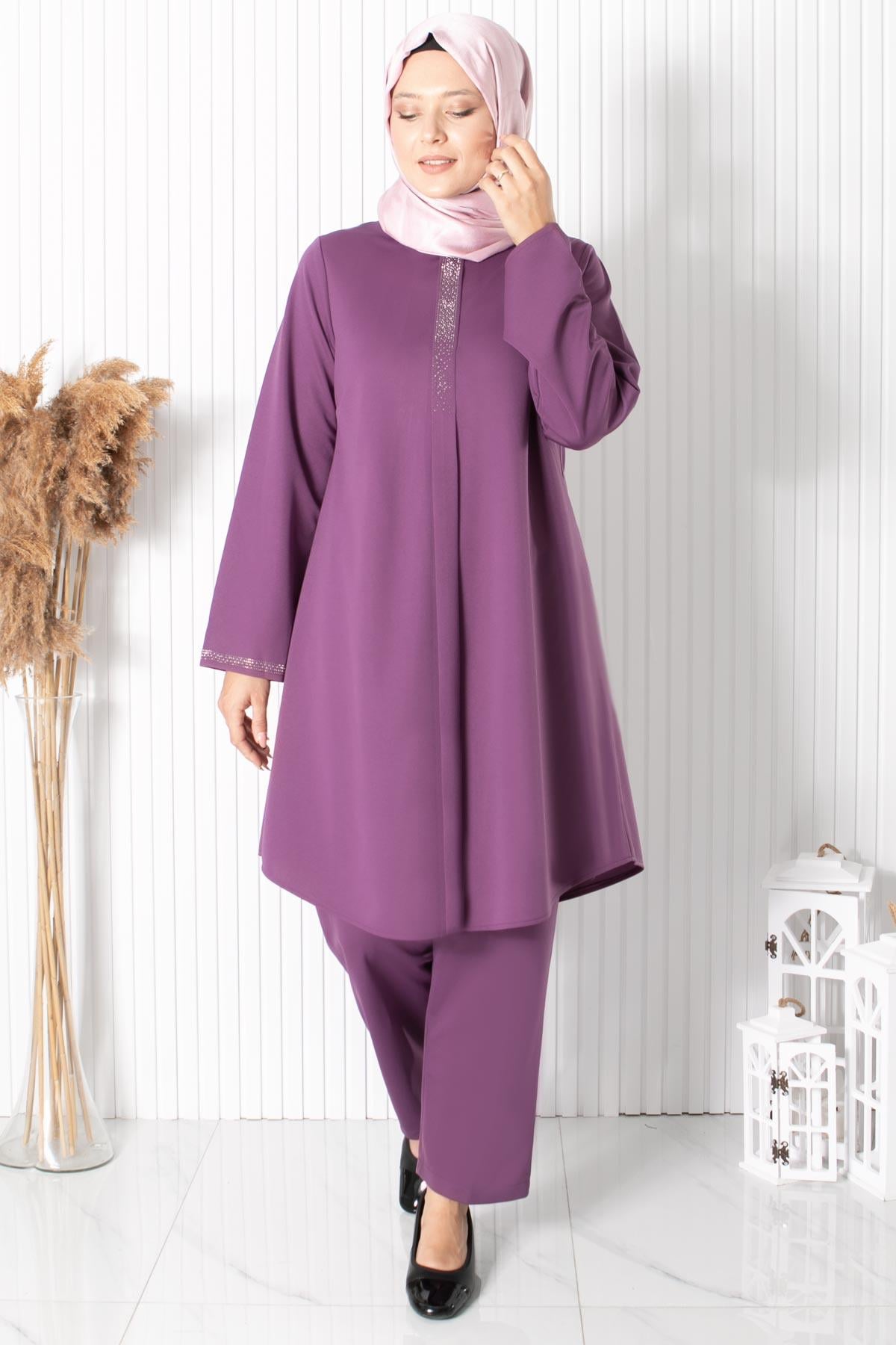 Costume Double Détaillé Imprimé Pierre Lilas FHM876FHM876-LİLAFahima