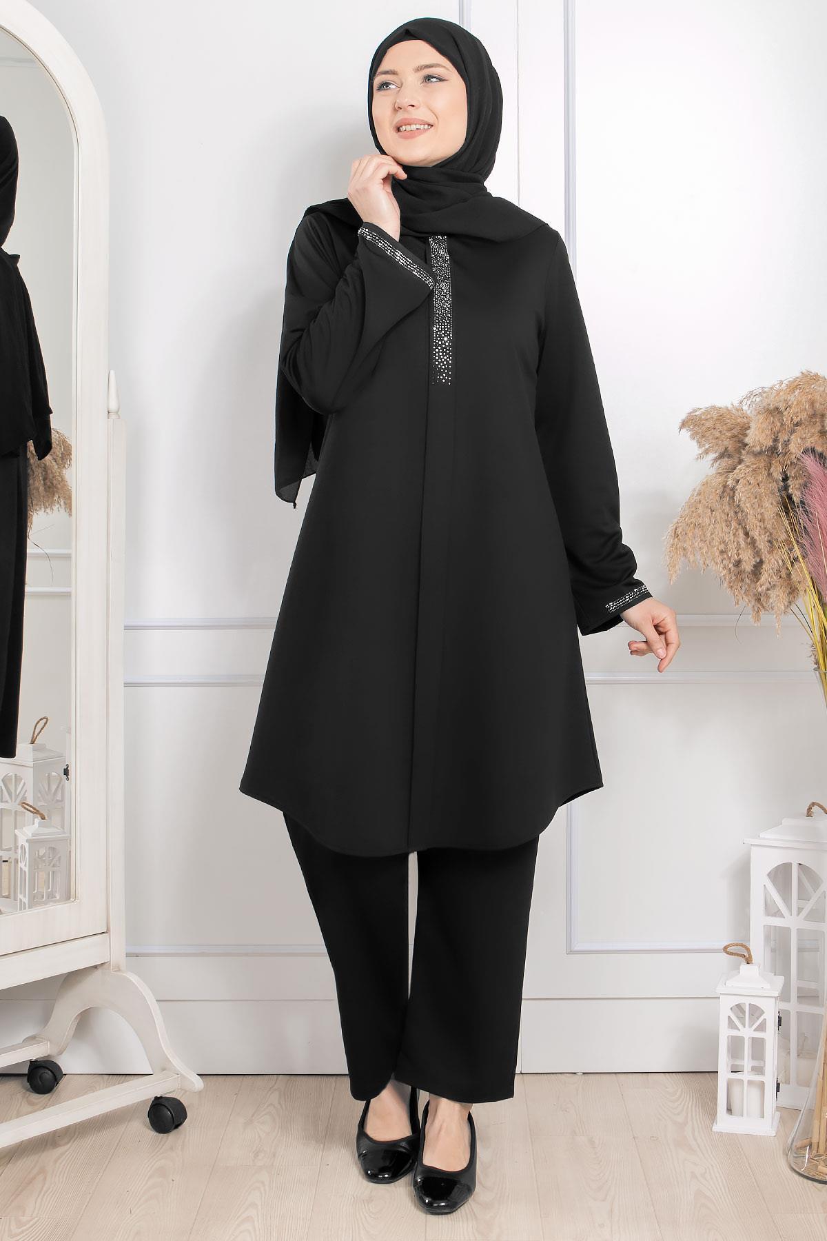 Stone Print Detailed Double Suit Black FHM876FHM876-SİYAHFahima