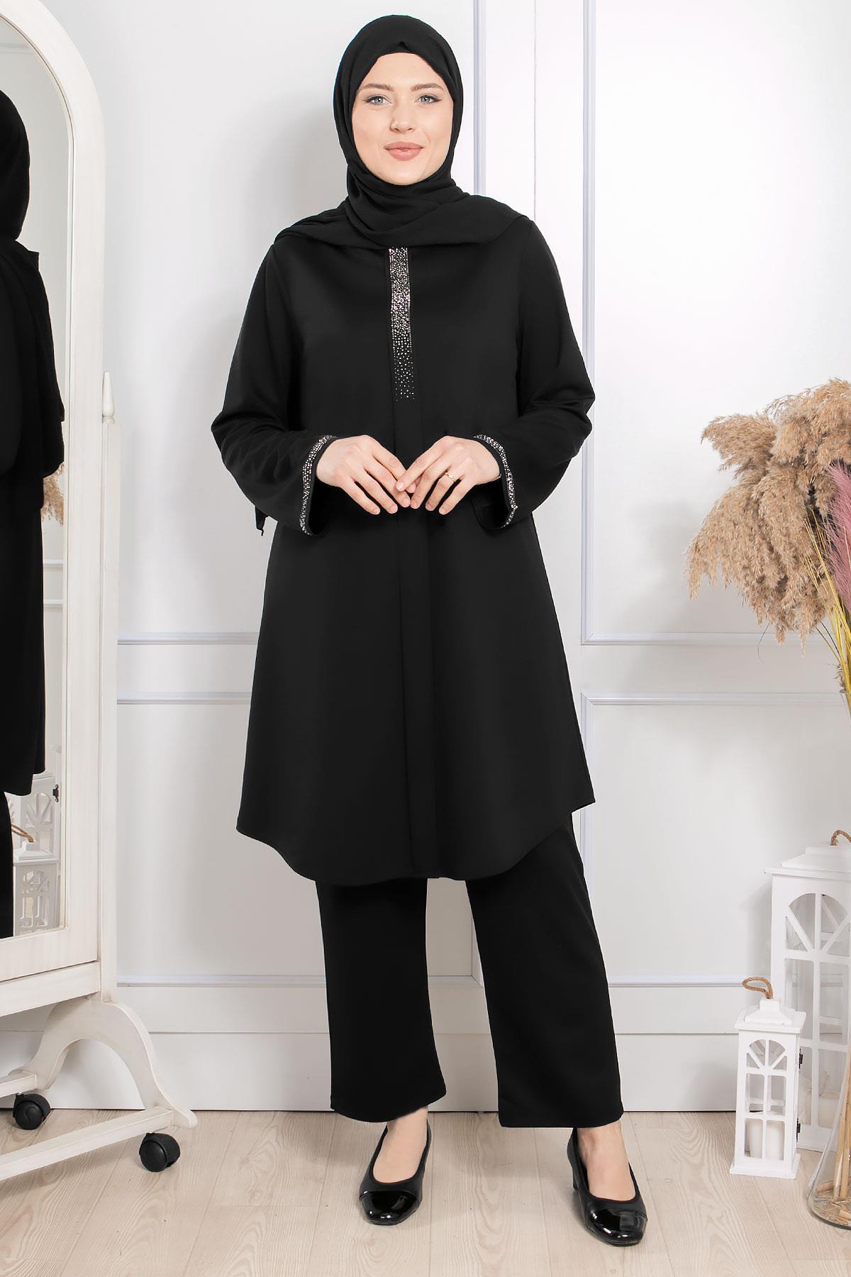 Stone Print Detailed Double Suit Black FHM876FHM876-SİYAHFahima