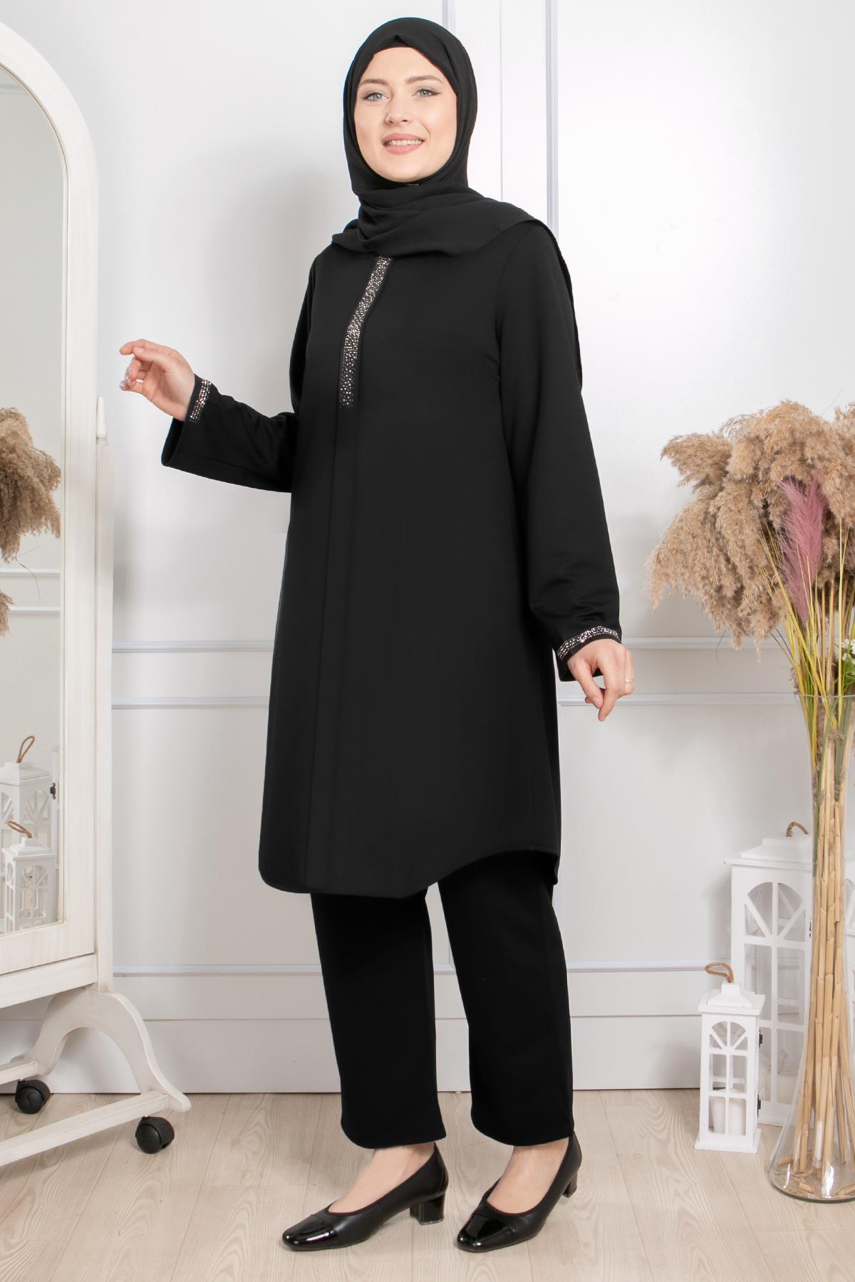 Stone Print Detailed Double Suit Black FHM876FHM876-SİYAHFahima