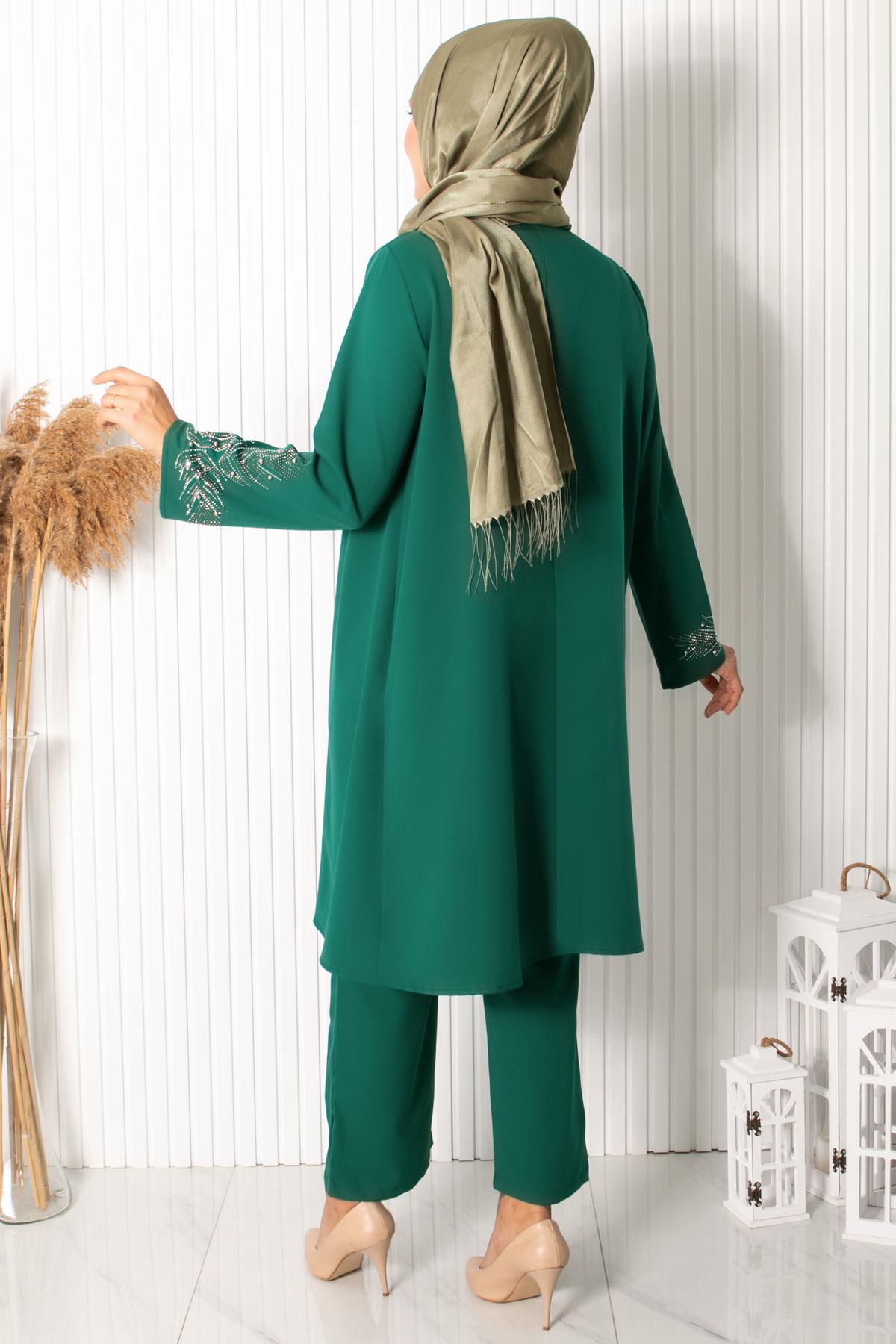 Stone Embroidered Double Set Emerald FHM888FHM890-ZÜMRÜTFahima