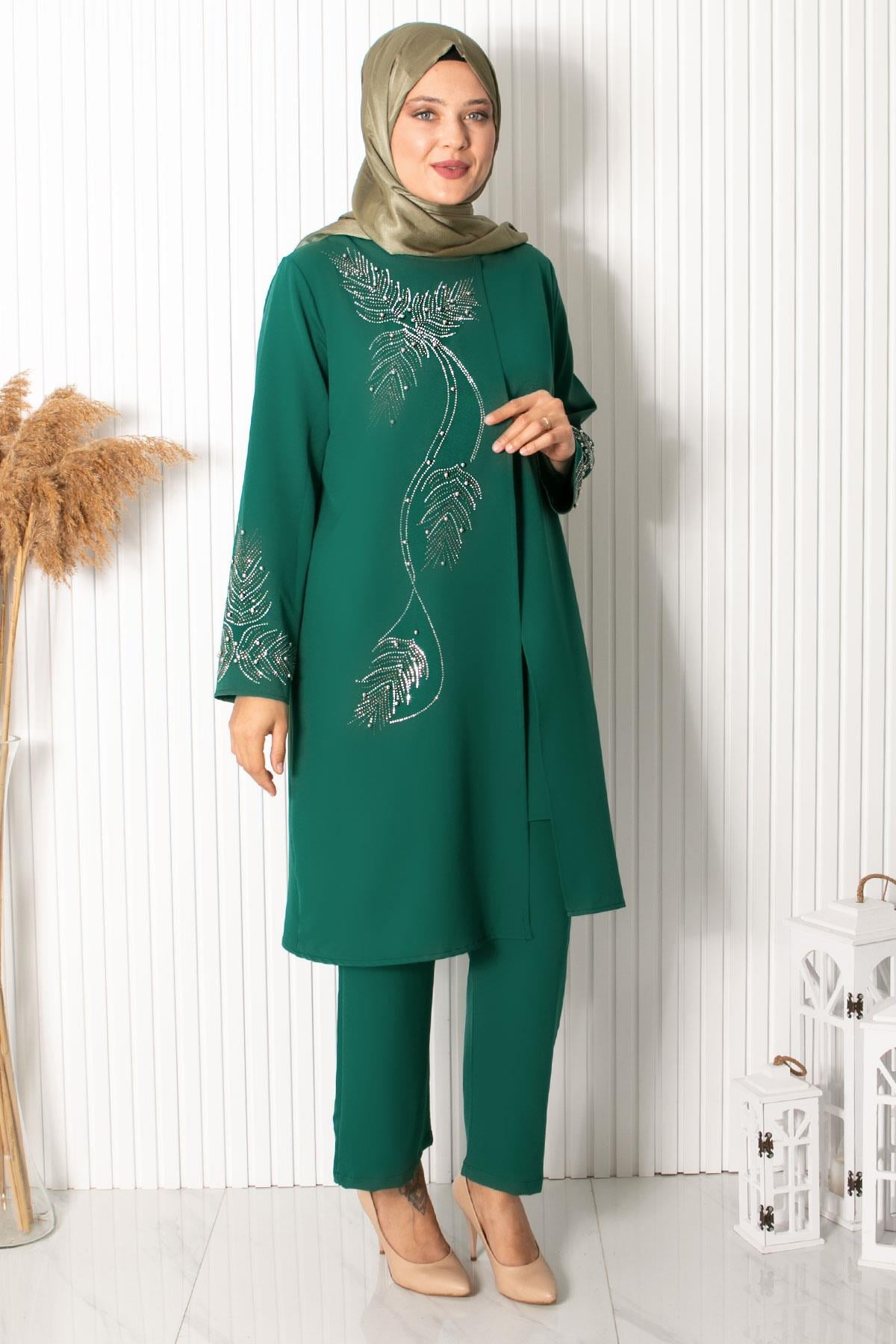 Stone Embroidered Double Set Emerald FHM888FHM890-ZÜMRÜTFahima