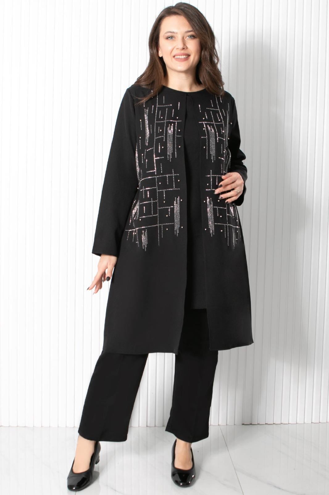 Steinbestickter Doppelanzug Schwarz FHM898FHM898-SİYAHFahima