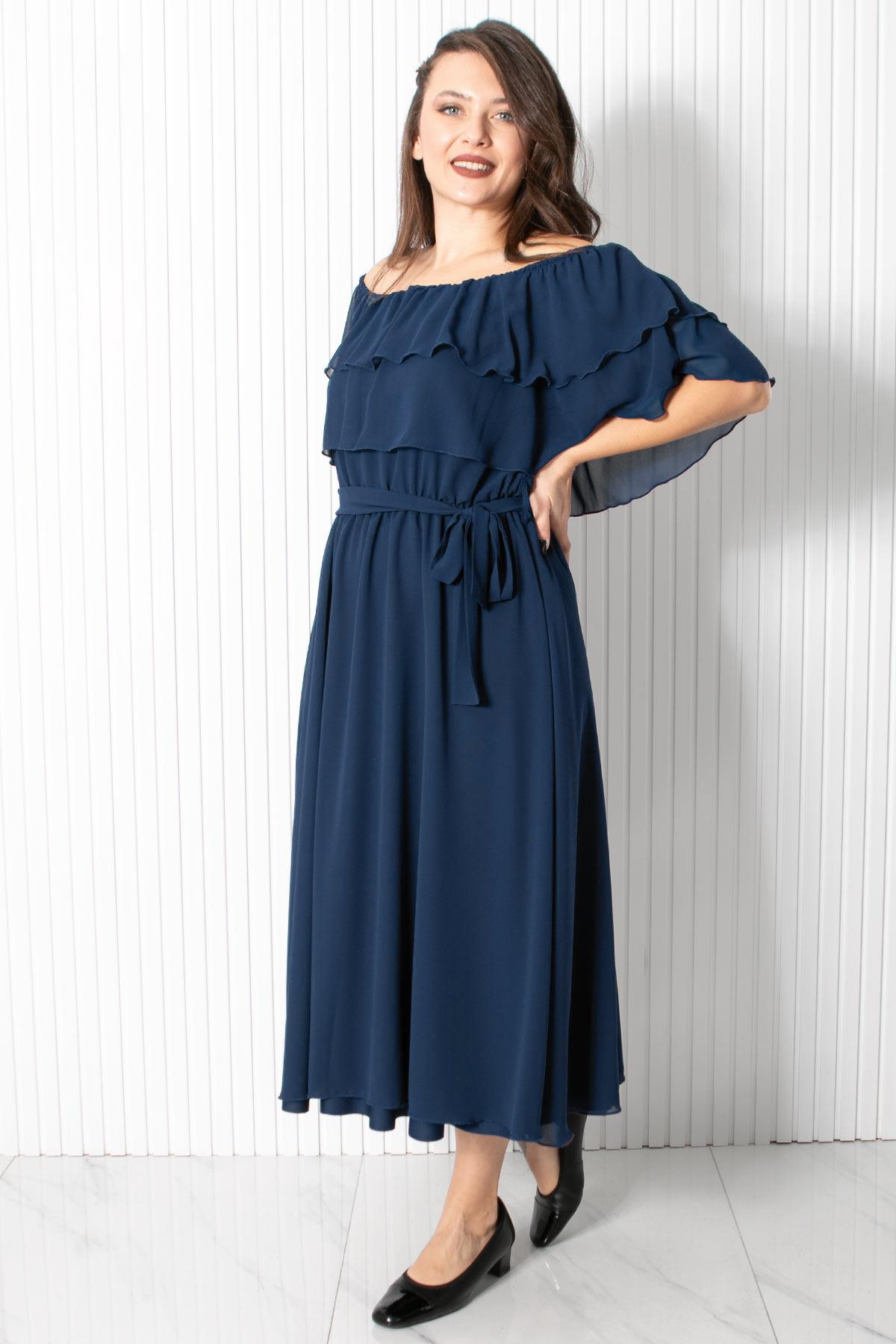 Karmen Yaka Şifon Abiye Elbise Lacivert FHM918FHM918-LACİVERTFahima