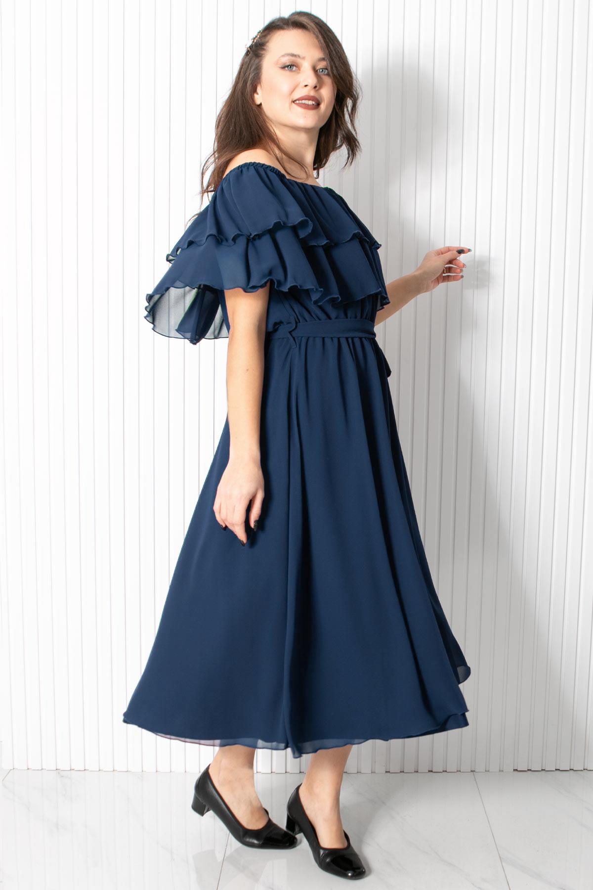 Karmen Yaka Şifon Abiye Elbise Lacivert FHM918FHM918-LACİVERTFahima