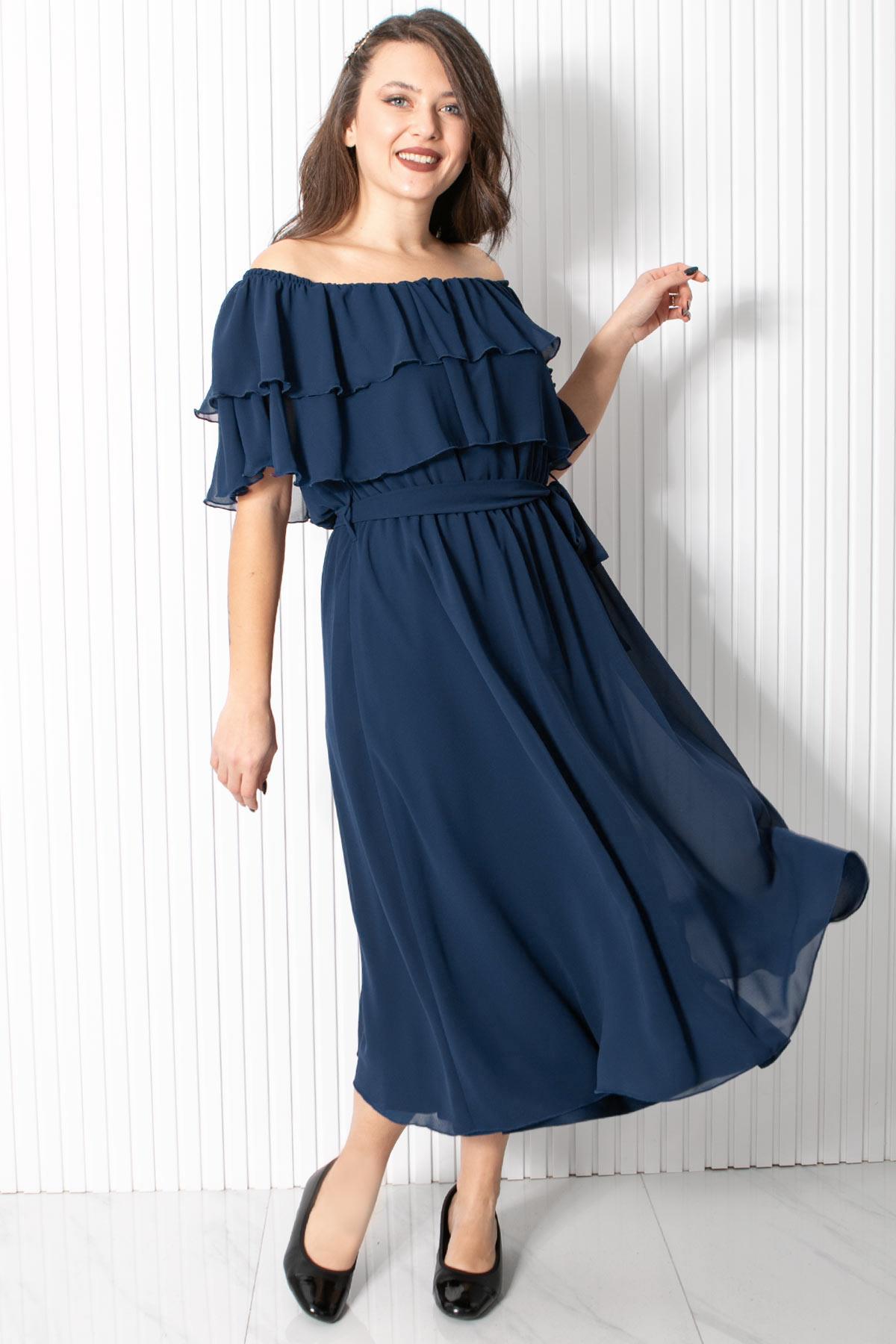 Karmen Yaka Şifon Abiye Elbise Lacivert FHM918FHM918-LACİVERTFahima