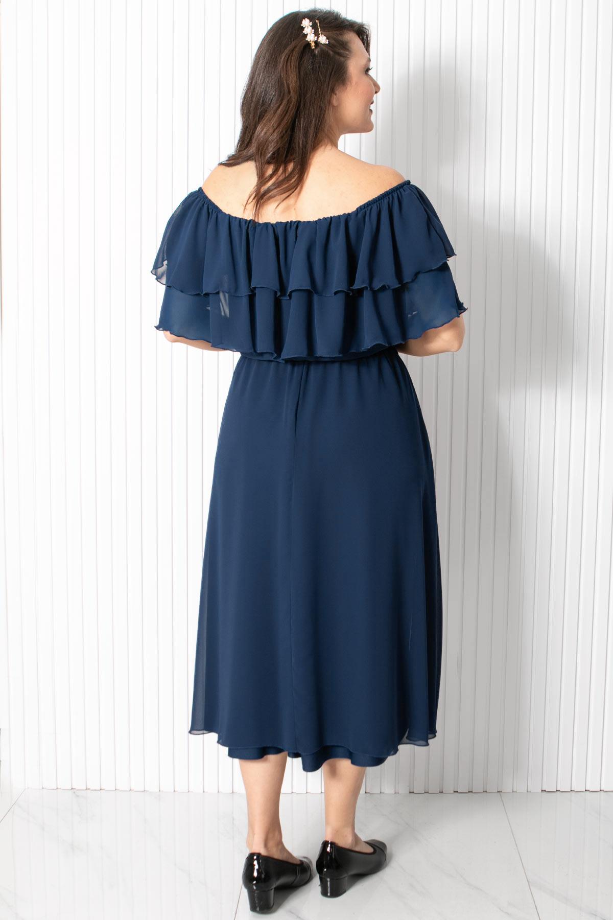 Karmen Yaka Şifon Abiye Elbise Lacivert FHM918FHM918-LACİVERTFahima