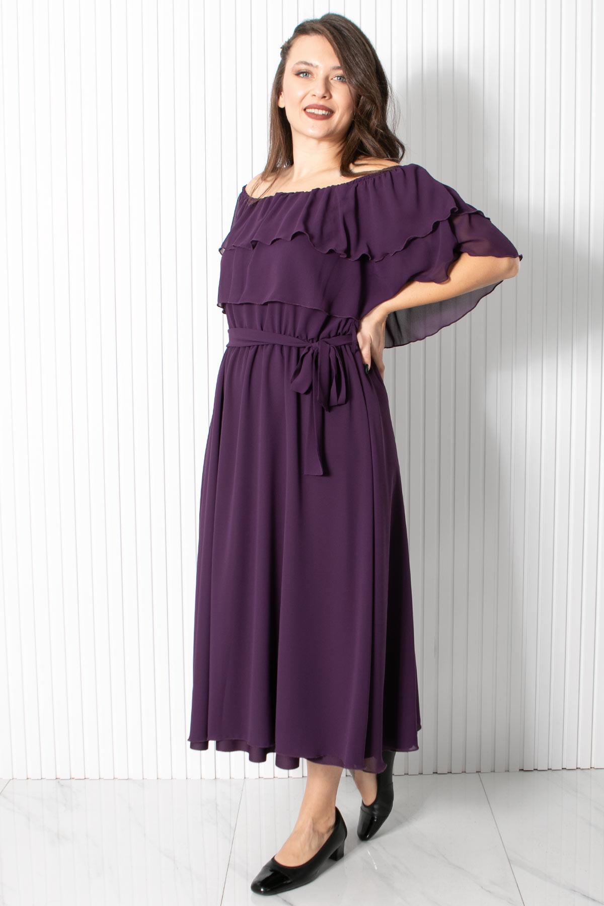 Karmen Yaka Şifon Abiye Elbise Mor FHM918FHM918-MORFahima