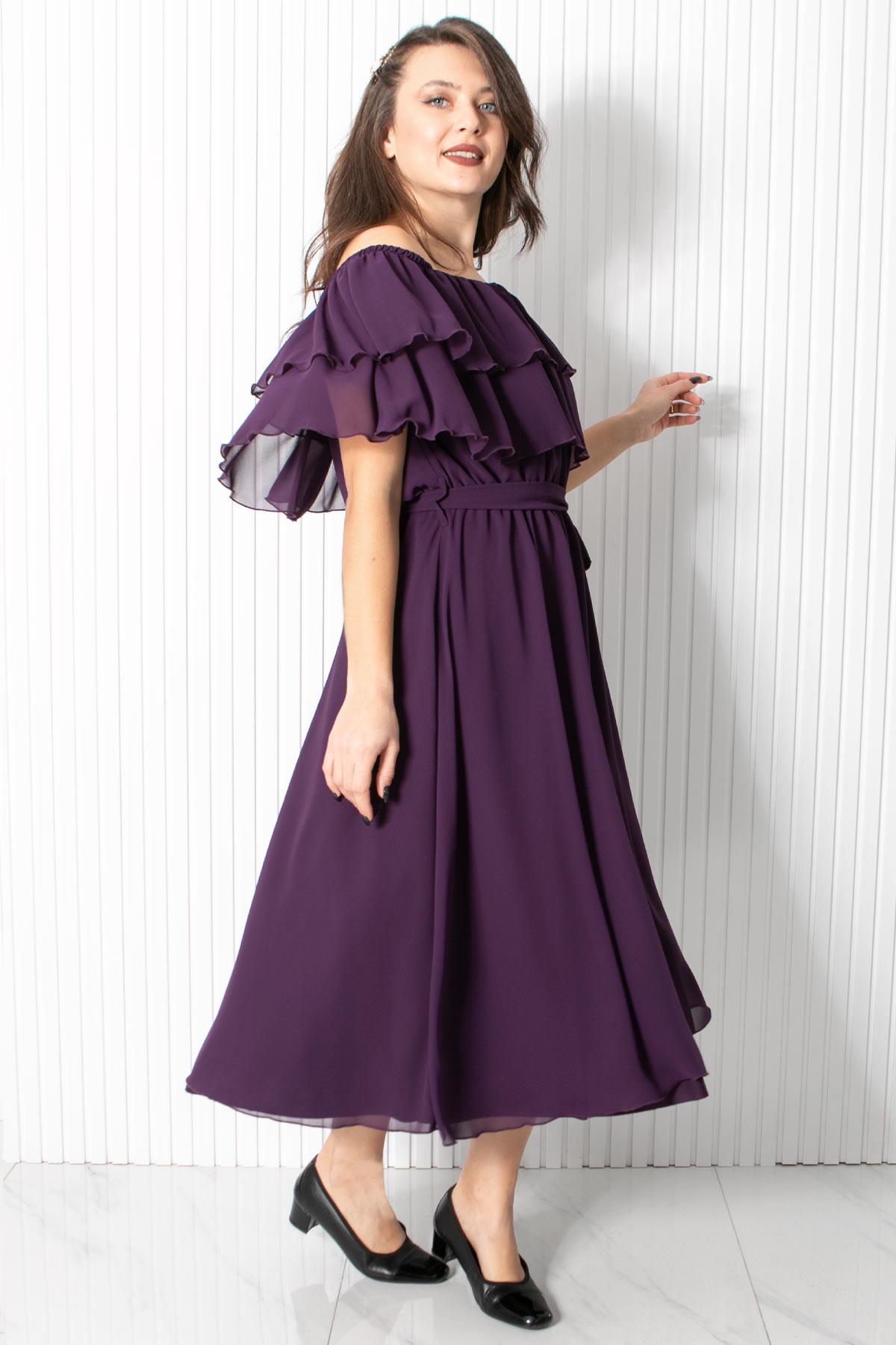 Karmen Yaka Şifon Abiye Elbise Mor FHM918FHM918-MORFahima