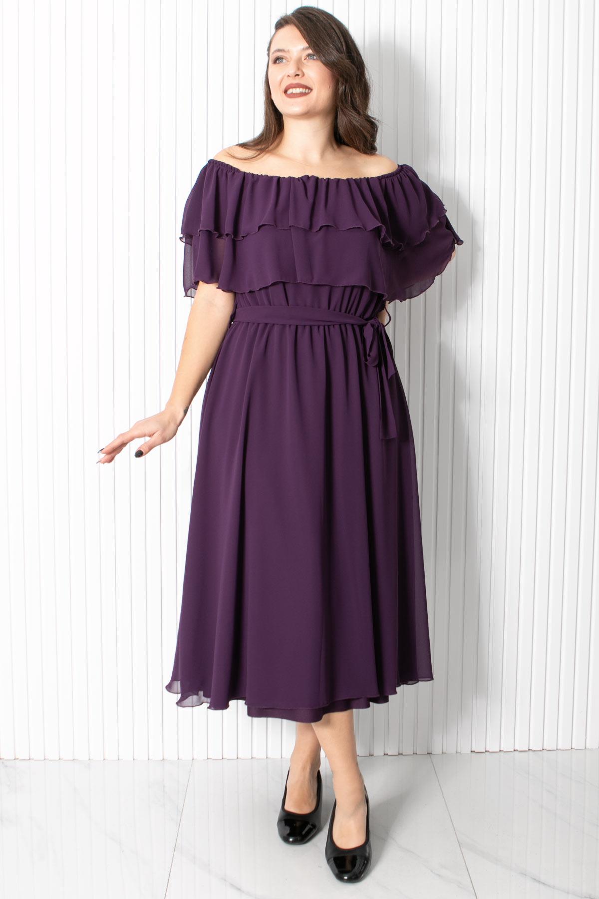 Karmen Yaka Şifon Abiye Elbise Mor FHM918FHM918-MORFahima