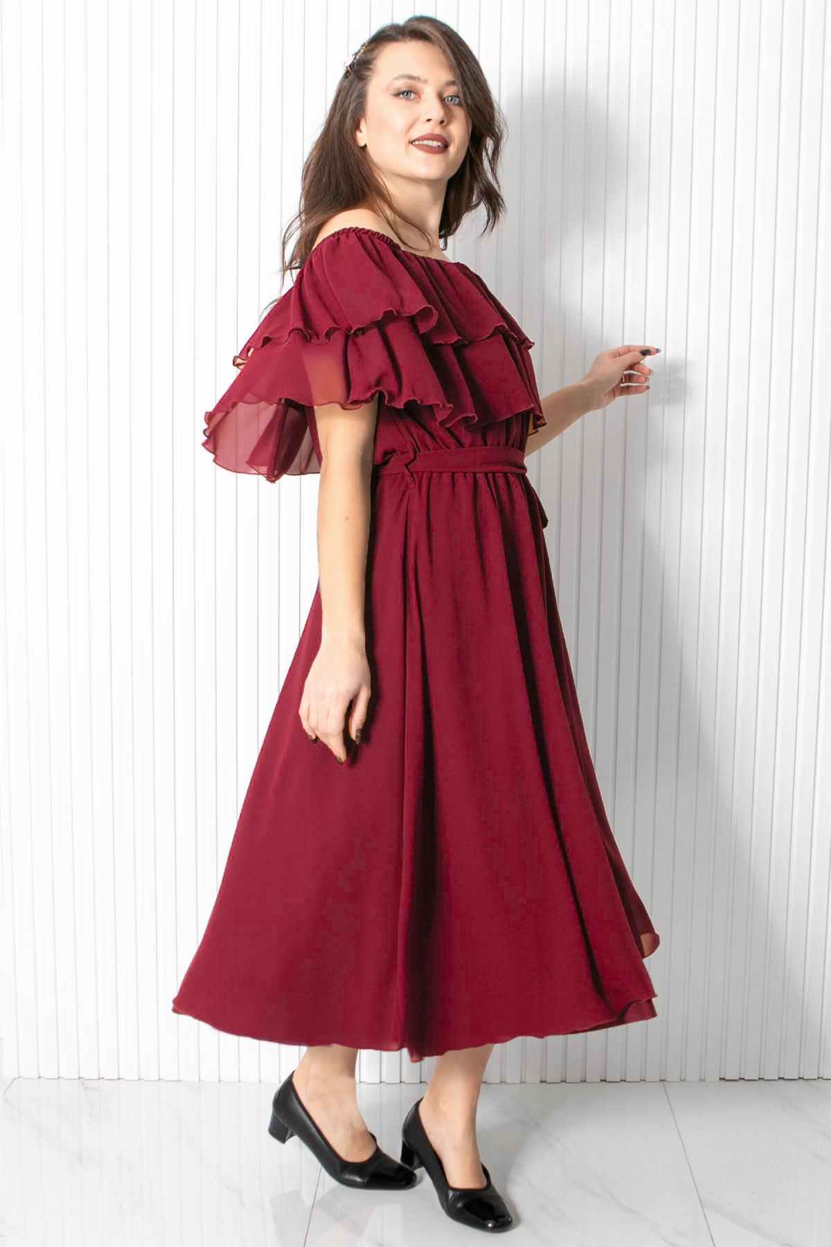 Karmen Yaka Şifon Abiye Elbise Mürdüm FHM918FHM918-MÜRDÜMFahima