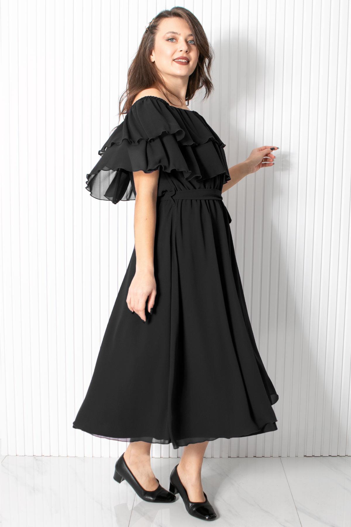 Karmen Yaka Şifon Abiye Elbise Siyah FHM918FHM918-SİYAHFahima