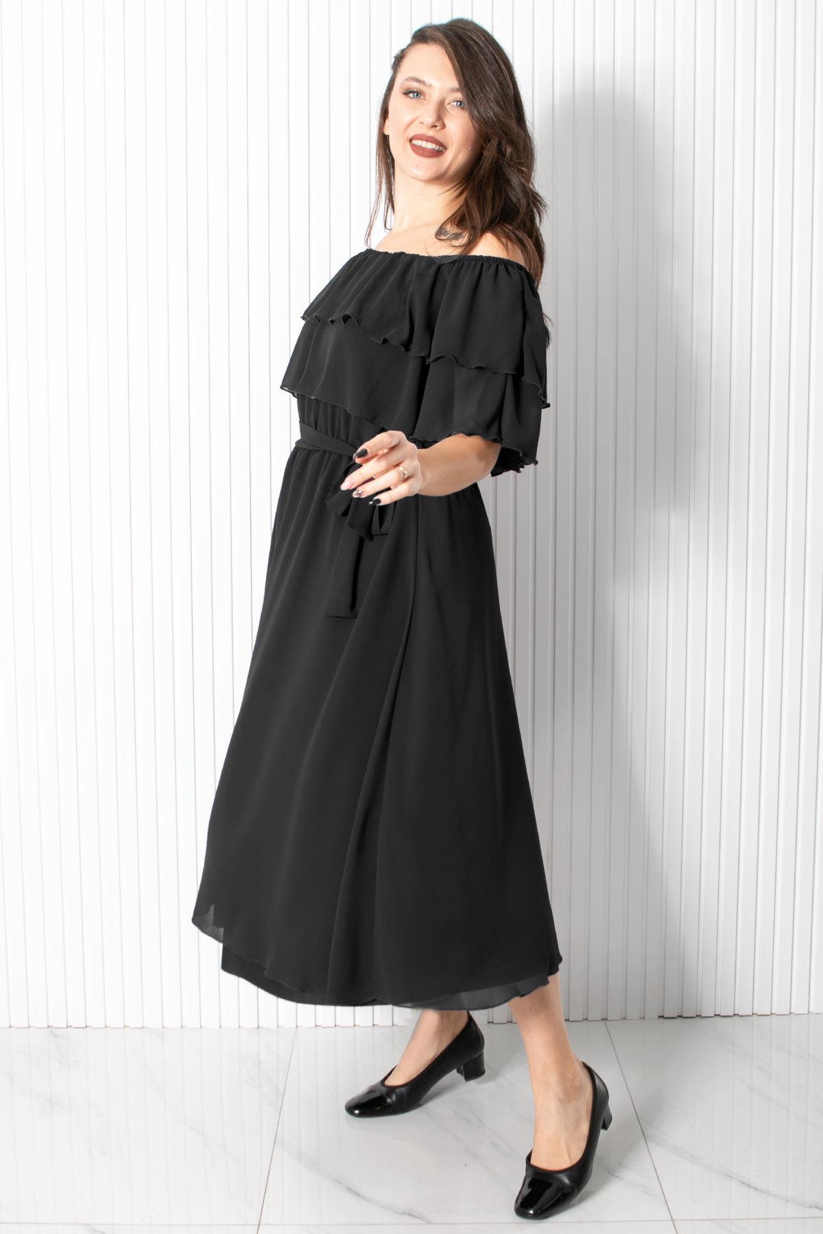 Karmen Yaka Şifon Abiye Elbise Siyah FHM918FHM918-SİYAHFahima