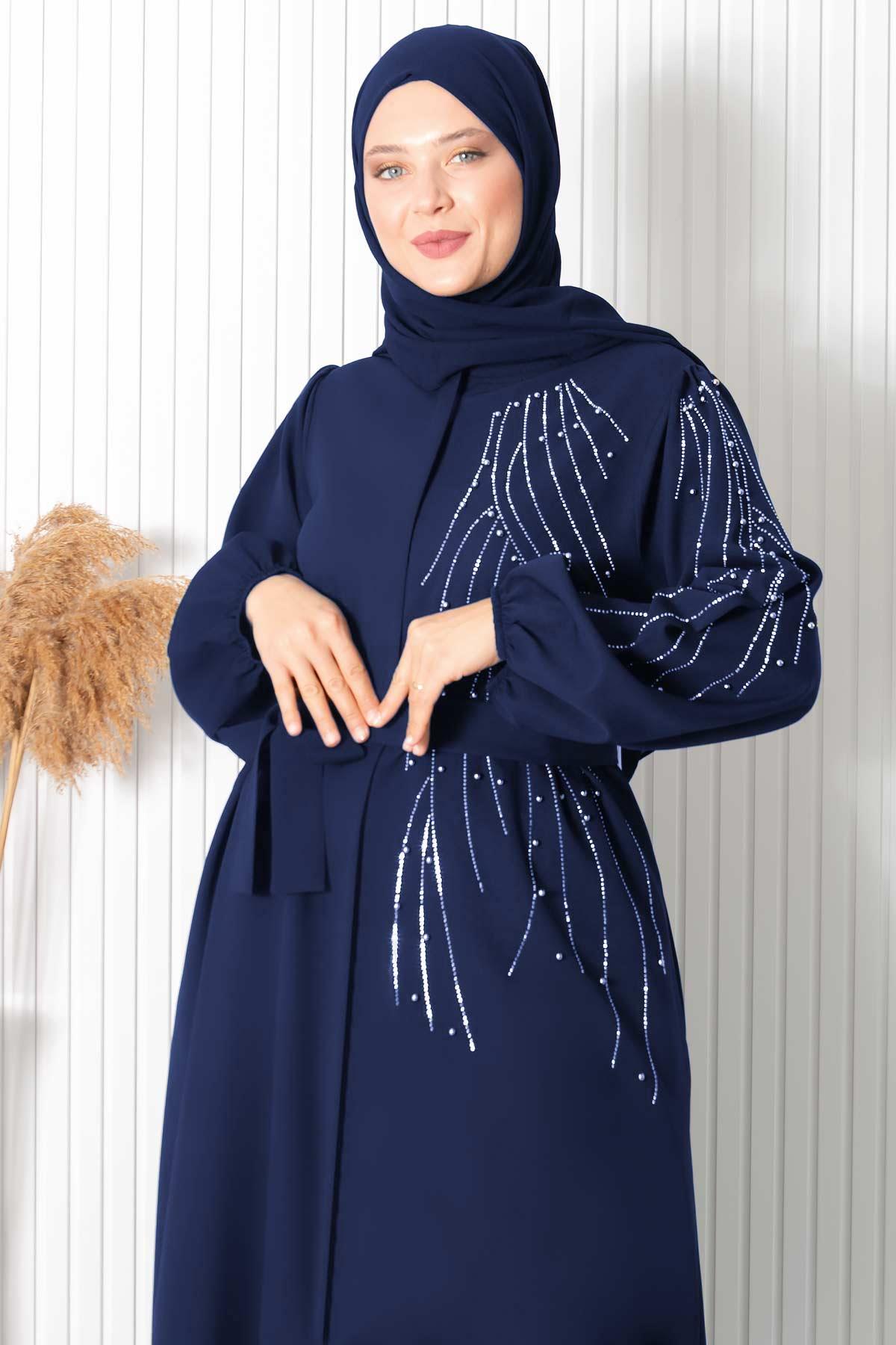TAŞ BASKILI KEMERLİ FERACEFHM926-LACİVERTFahima