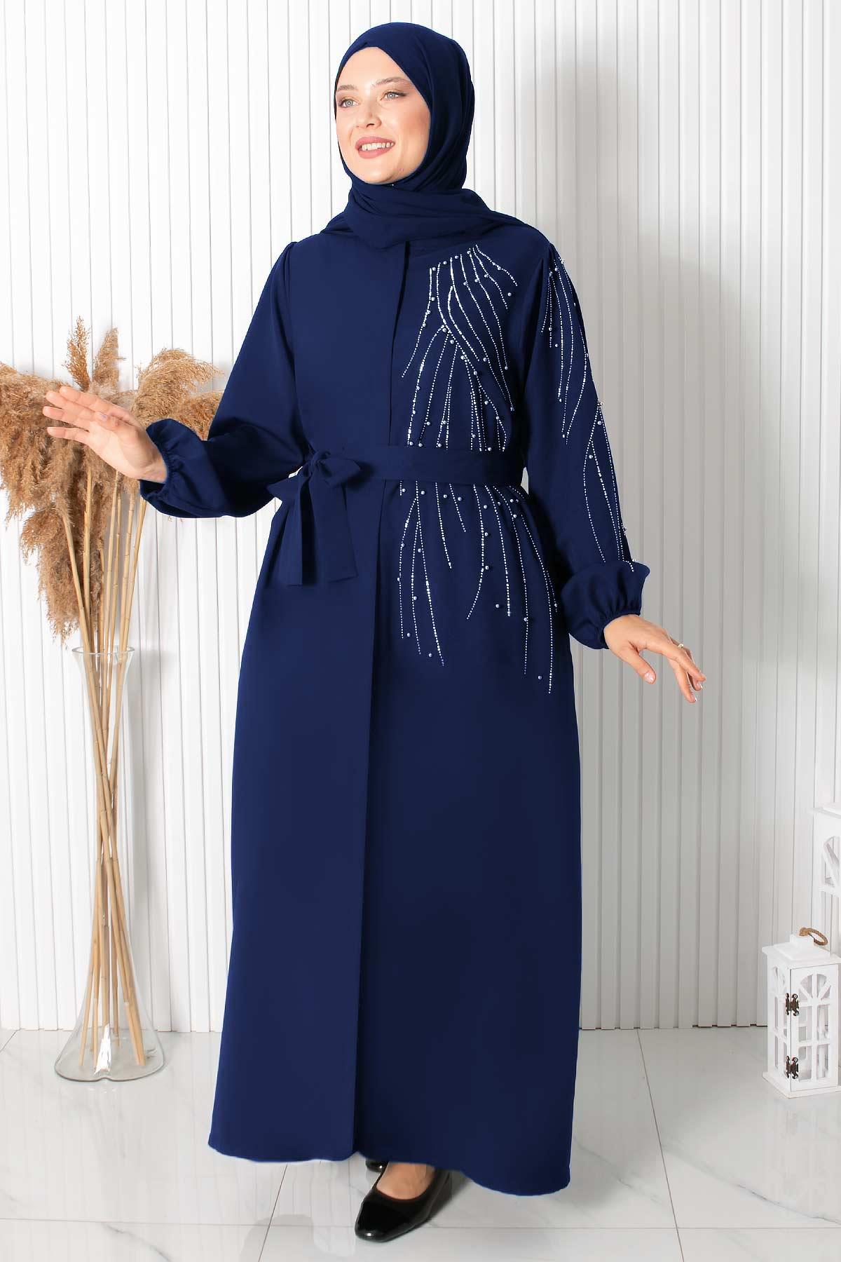 TAŞ BASKILI KEMERLİ FERACEFHM926-LACİVERTFahima