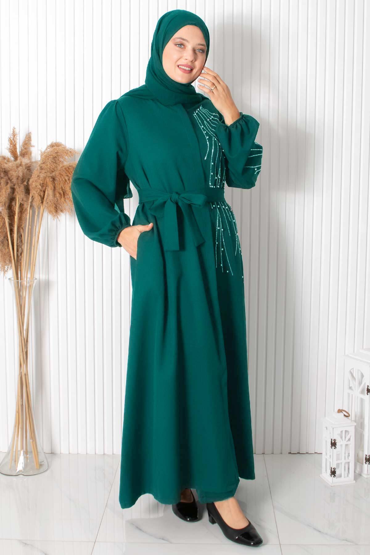 TAŞ BASKILI KEMERLİ FERACEFHM926-ZÜMRÜTFahima