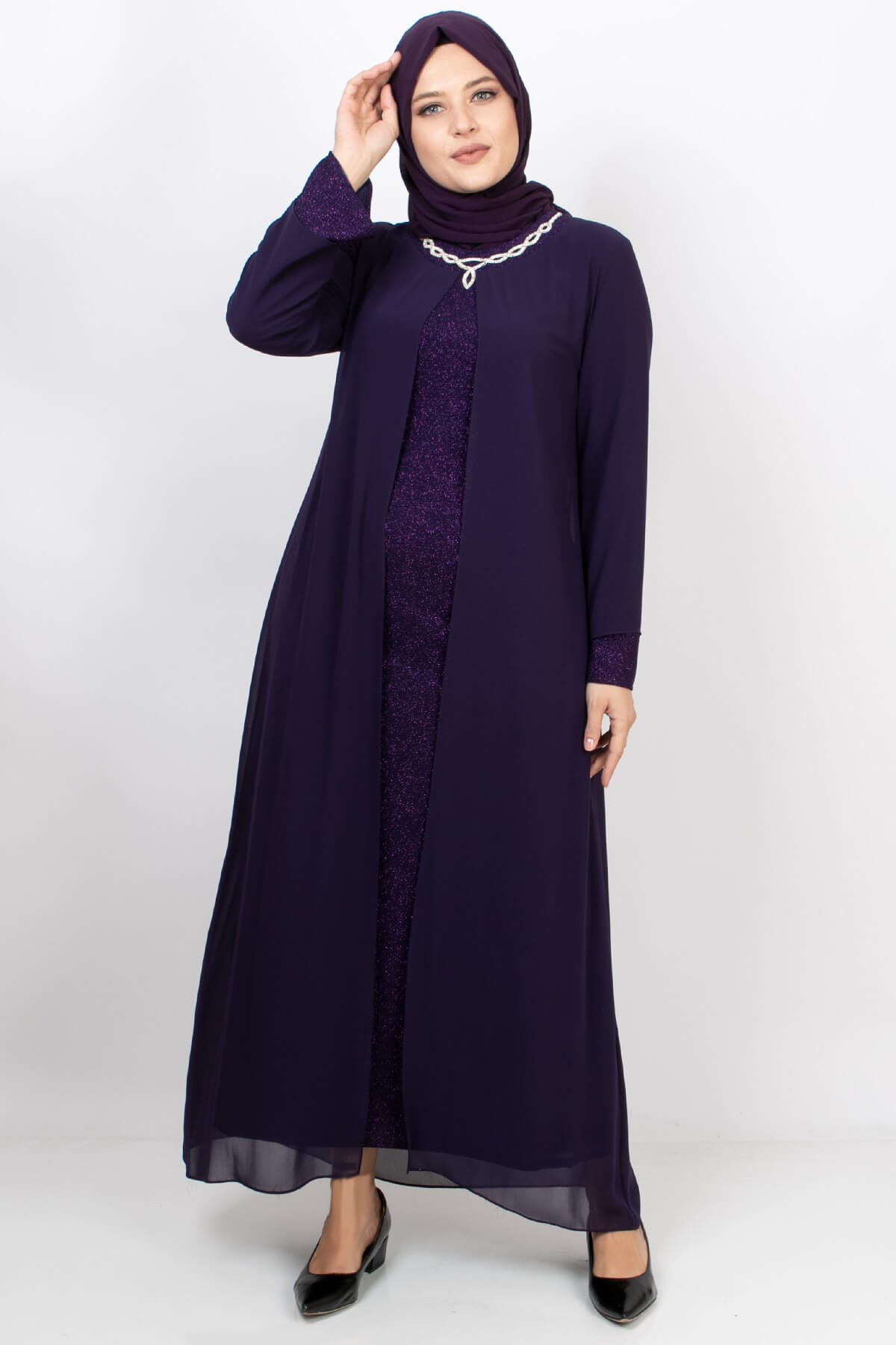 Glittering Evening Dress with Necklace Purple MDA2109MDA2105-MORMDA