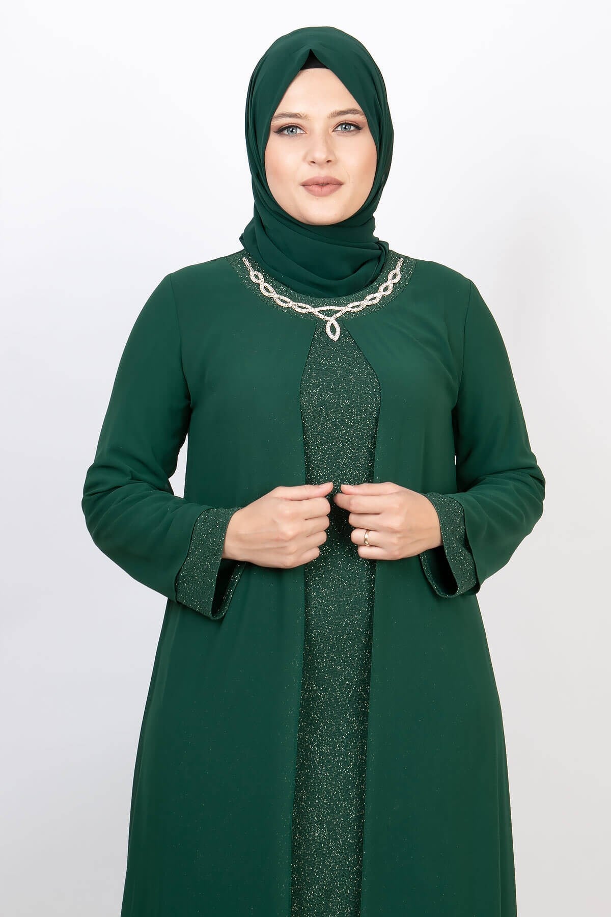 Glittering Evening Dress with Necklace Emerald MDA2109MDA2105-ZÜMRÜTMDA