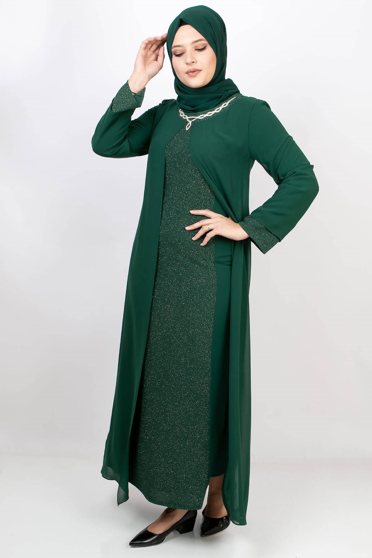 Glittering Evening Dress with Necklace Emerald MDA2109MDA2105-ZÜMRÜTMDA