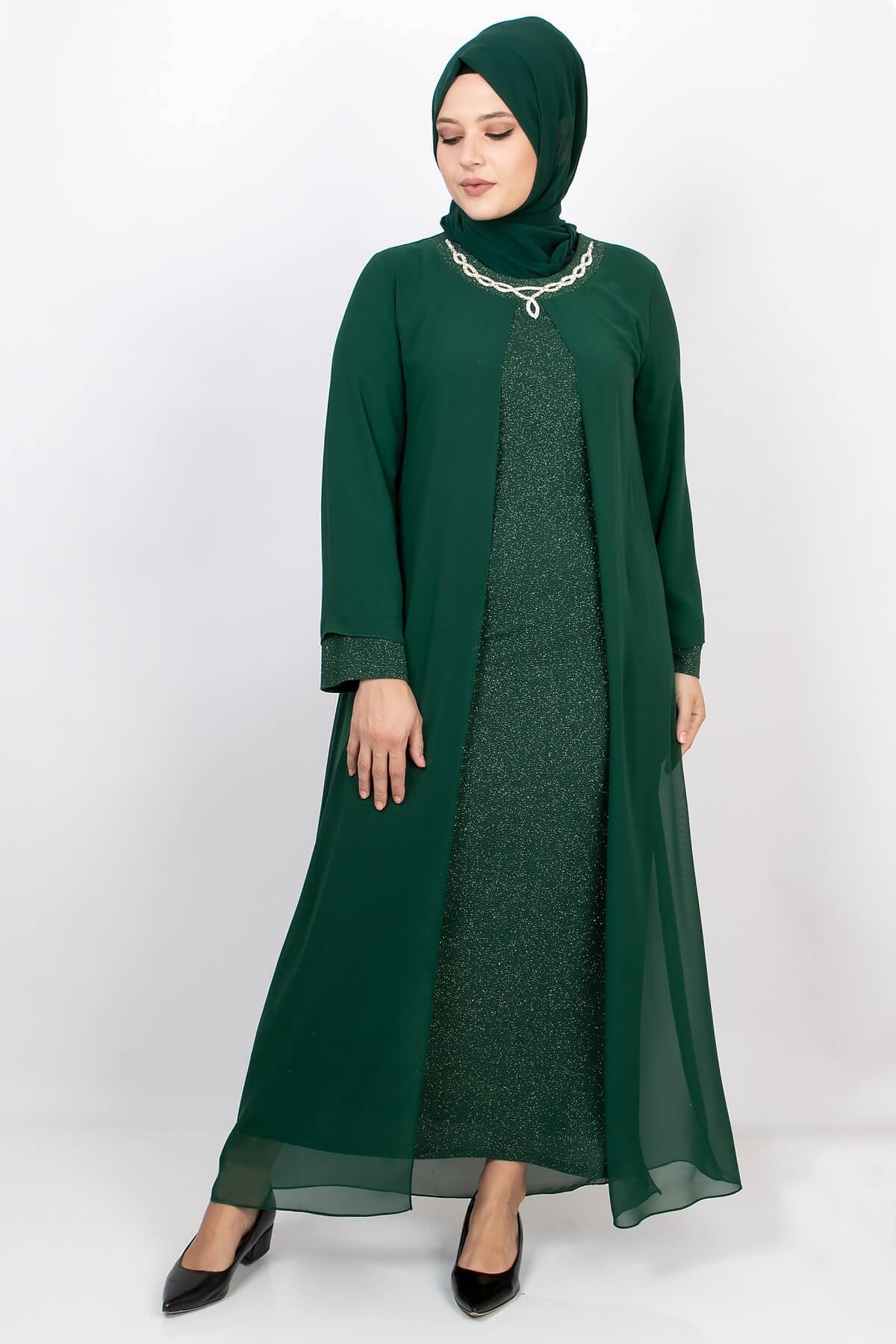 Glittering Evening Dress with Necklace Emerald MDA2109MDA2105-ZÜMRÜTMDA