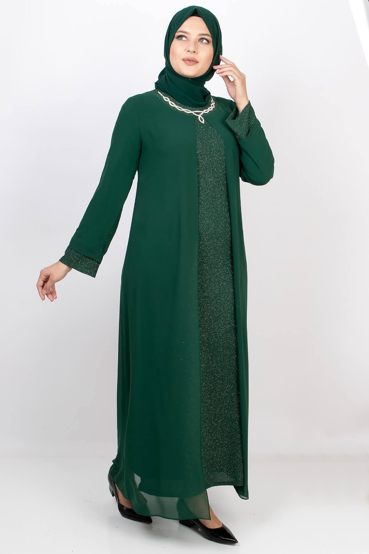 Glittering Evening Dress with Necklace Emerald MDA2109MDA2105-ZÜMRÜTMDA