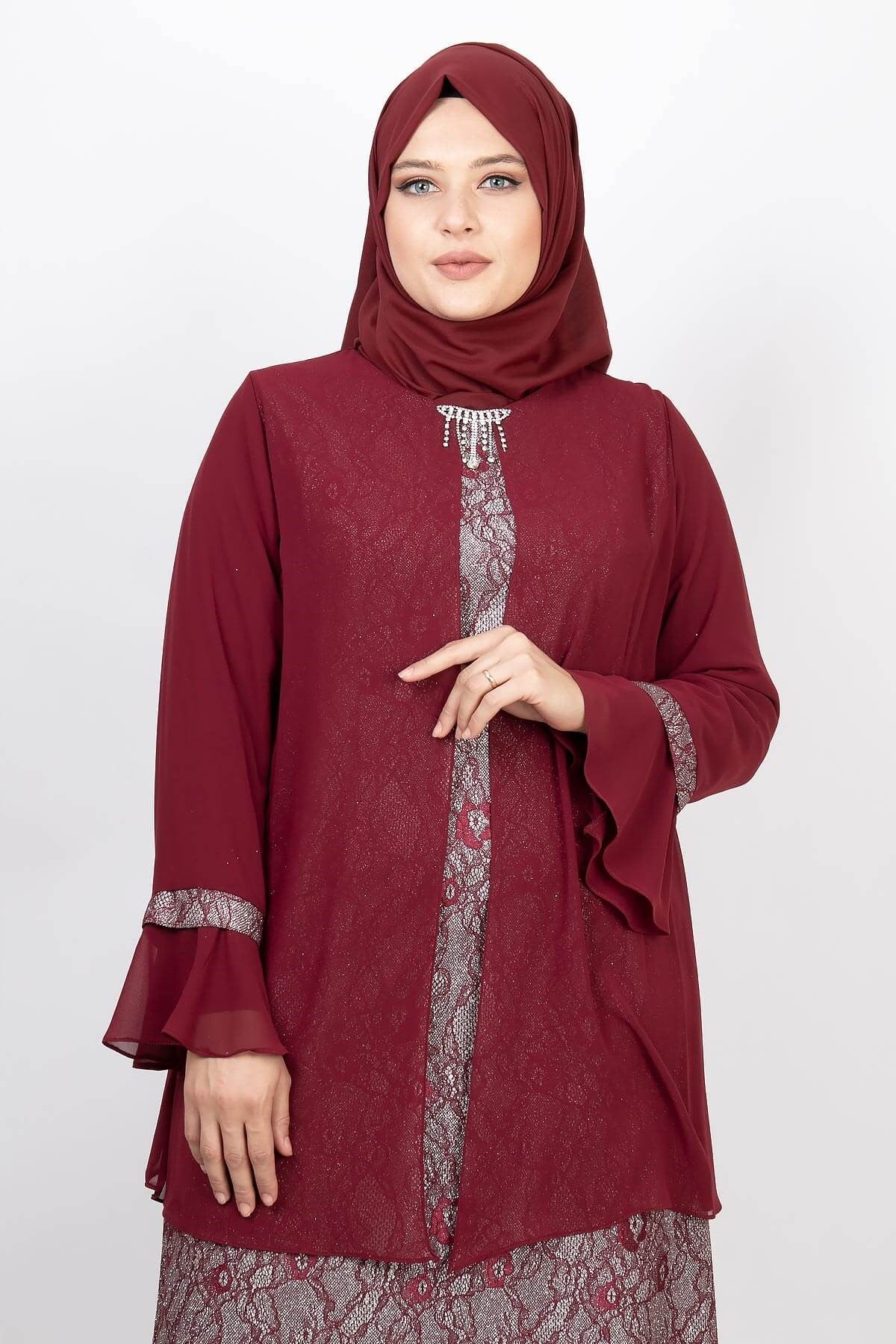 Kolyeli Dantel Detaylı Abiye Bordo MDA2113MDA2113-BORDOMDA