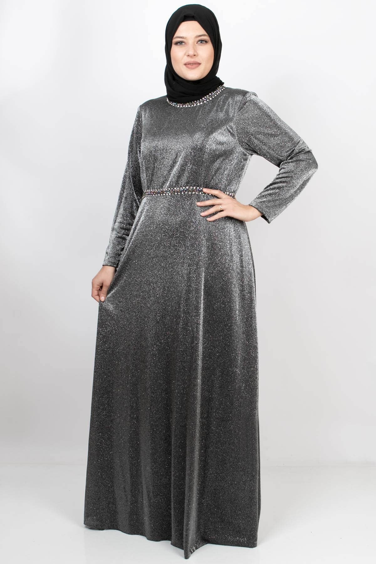 Stone And Glitter Detailed Evening Dress Silver MDA2117MDA2117-GÜMÜŞMDA