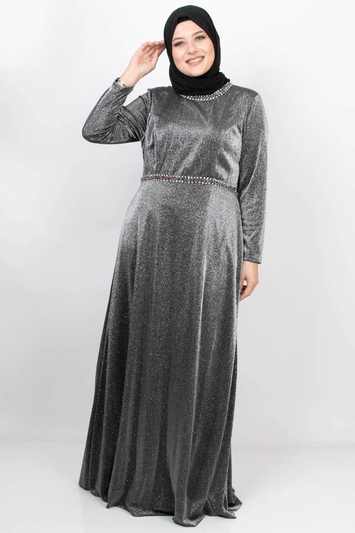 Stone And Glitter Detailed Evening Dress Silver MDA2117MDA2117-GÜMÜŞMDA