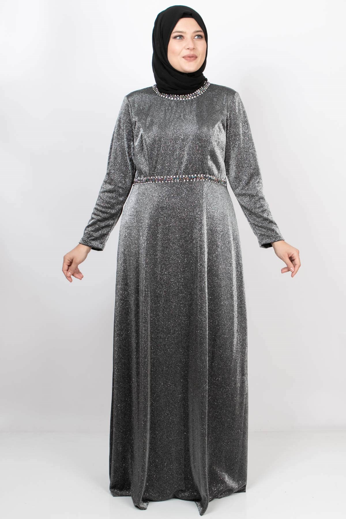 Stone And Glitter Detailed Evening Dress Silver MDA2117MDA2117-GÜMÜŞMDA