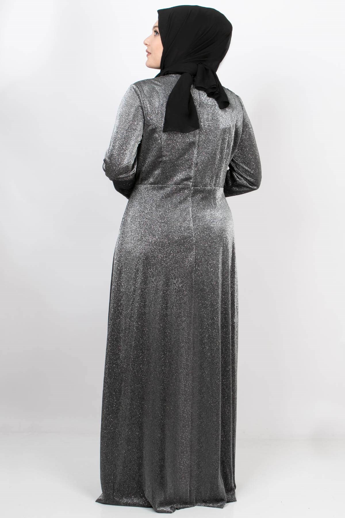 Stone And Glitter Detailed Evening Dress Silver MDA2117MDA2117-GÜMÜŞMDA