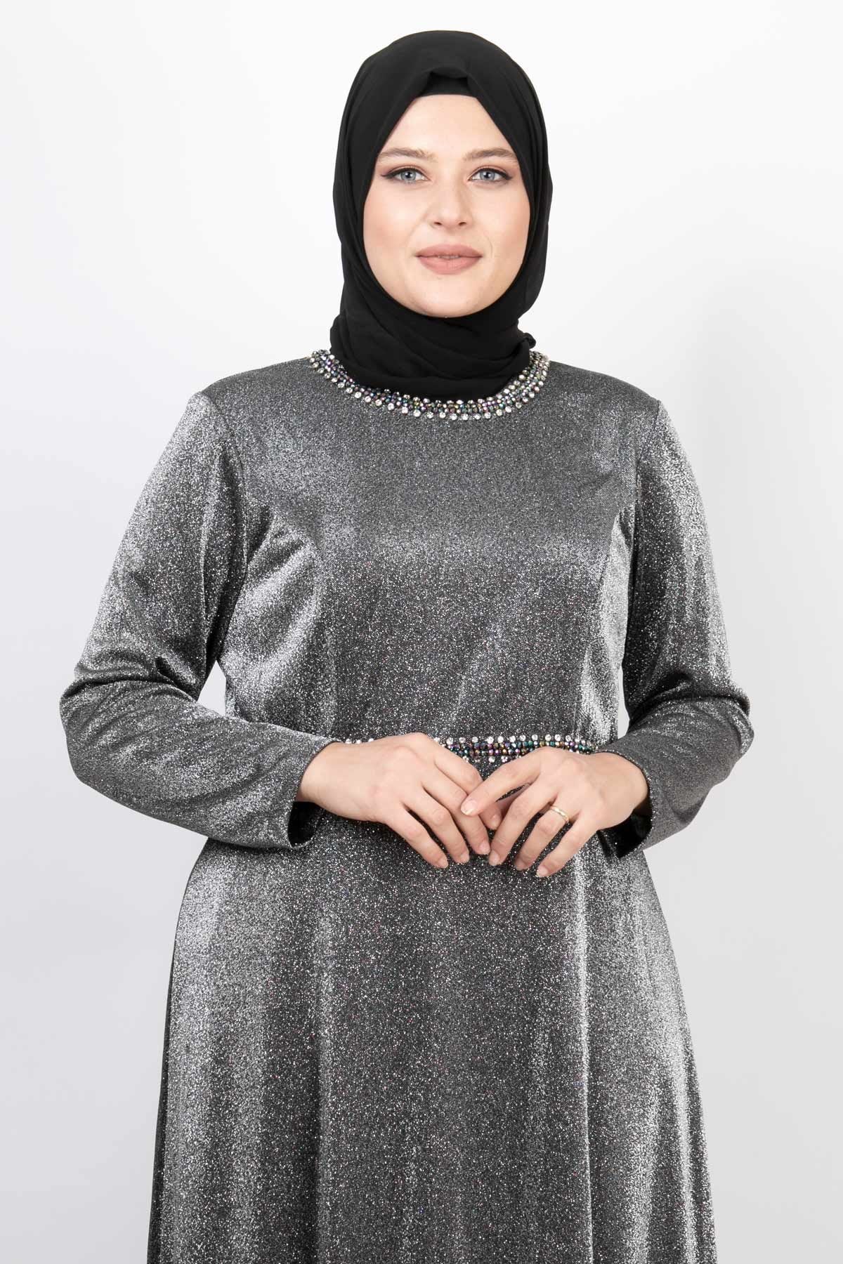 Stone And Glitter Detailed Evening Dress Silver MDA2117MDA2117-GÜMÜŞMDA