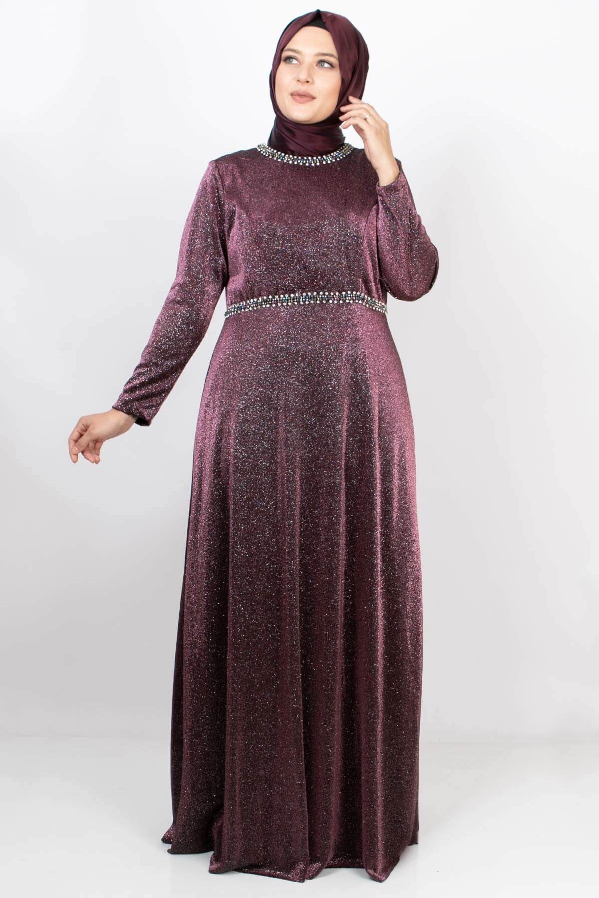 Stone And Glitter Detailed Evening Dress Plum MDA2117MDA2117-MÜRDÜMMDA