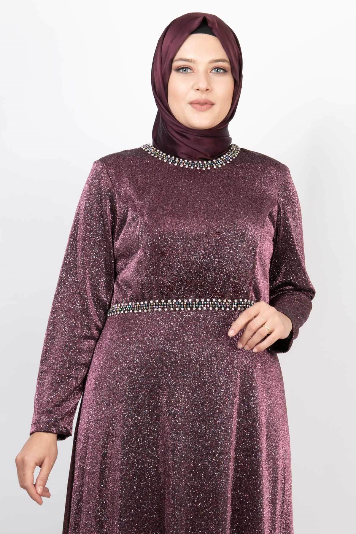 Stone And Glitter Detailed Evening Dress Plum MDA2117MDA2117-MÜRDÜMMDA