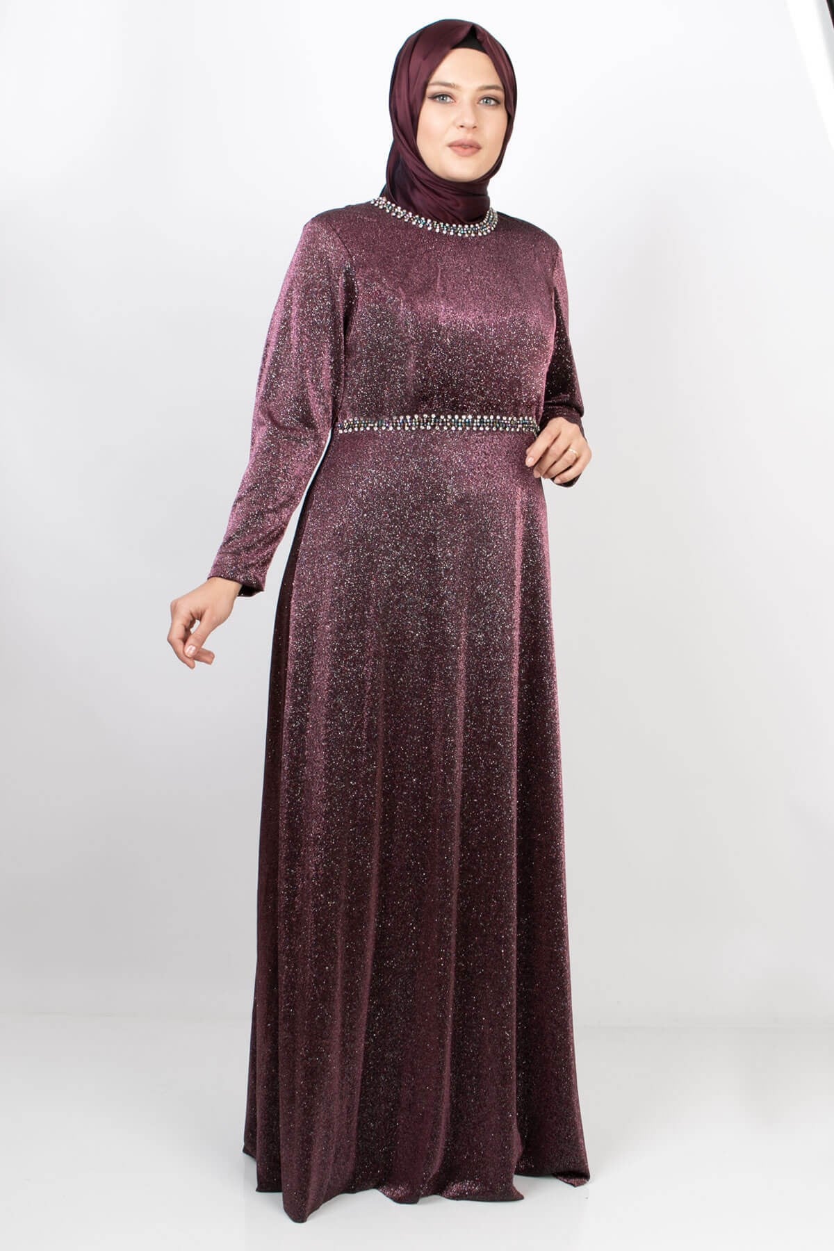 Stone And Glitter Detailed Evening Dress Plum MDA2117MDA2117-MÜRDÜMMDA